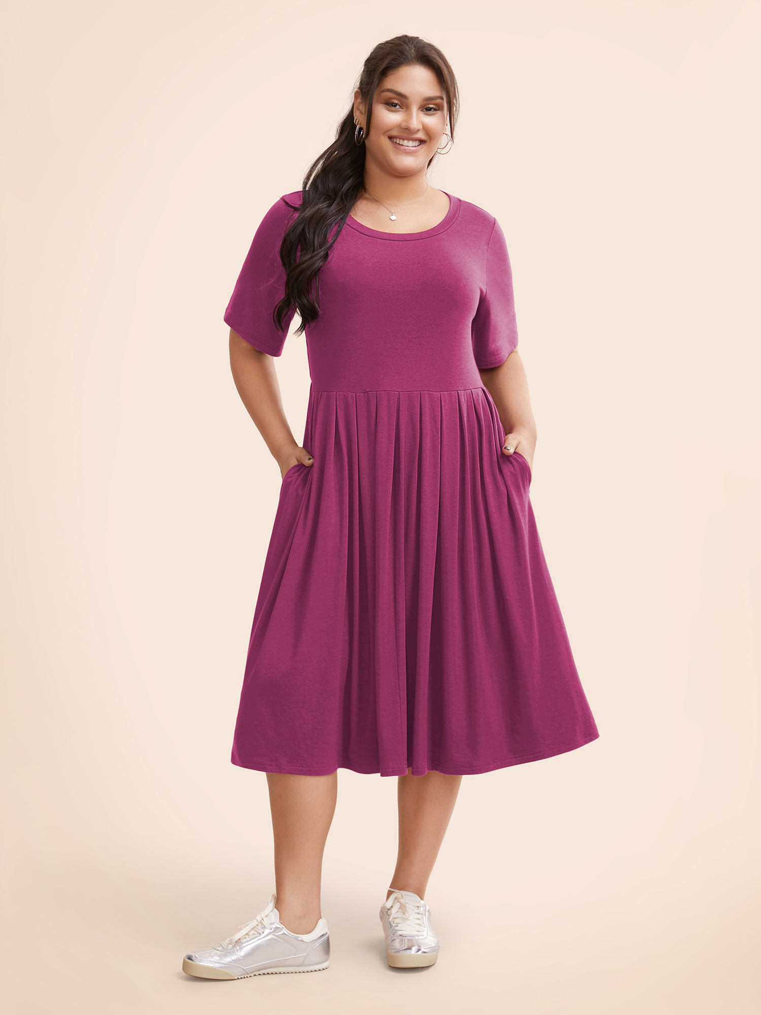 

Plus Size Supersoft Essentials Solid Pleated Round Neck Midi Dress RedViolet Women Casual Plain Round Neck Short sleeve Curvy Midi Dress BloomChic