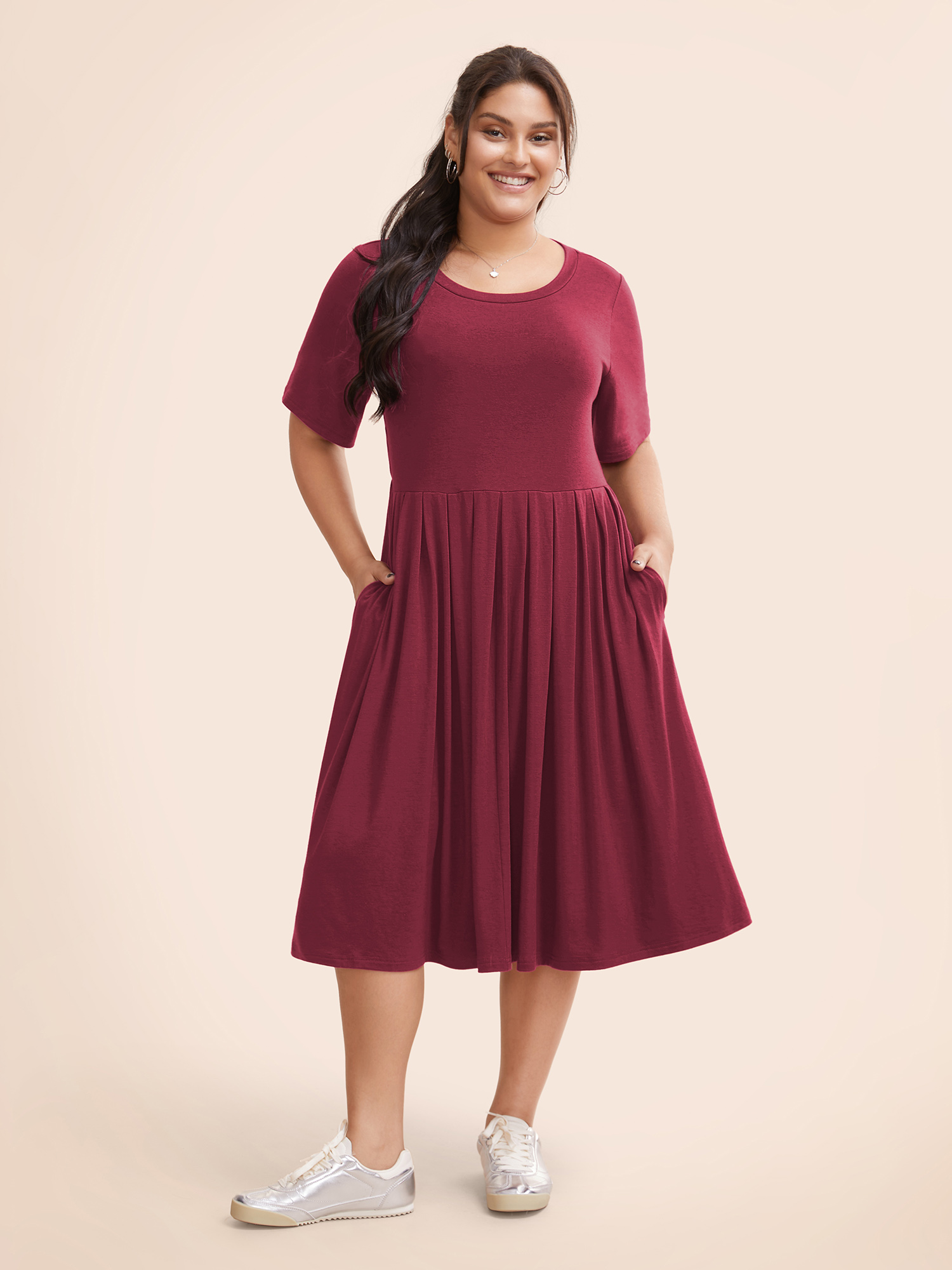 

Plus Size Supersoft Essentials Solid Pleated Round Neck Midi Dress Burgundy Women Casual Plain Round Neck Short sleeve Curvy Midi Dress BloomChic