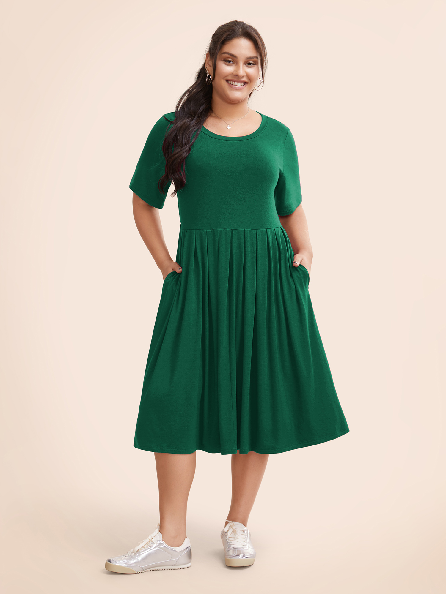 

Plus Size Supersoft Essentials Solid Pleated Round Neck Midi Dress DarkGreen Women Casual Plain Round Neck Short sleeve Curvy Midi Dress BloomChic