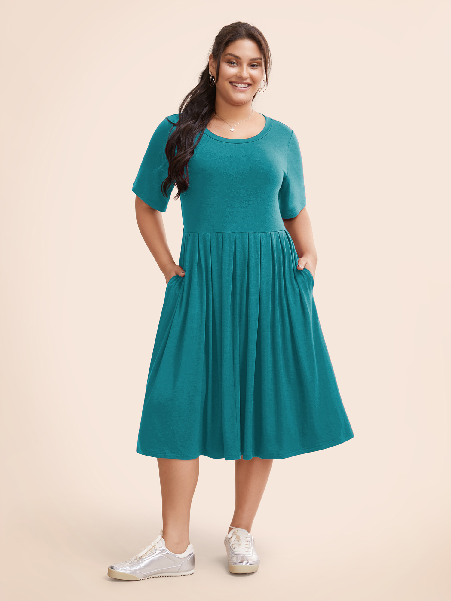 

Plus Size Supersoft Essentials Solid Pleated Round Neck Midi Dress Teal Women Casual Plain Round Neck Short sleeve Curvy Midi Dress BloomChic