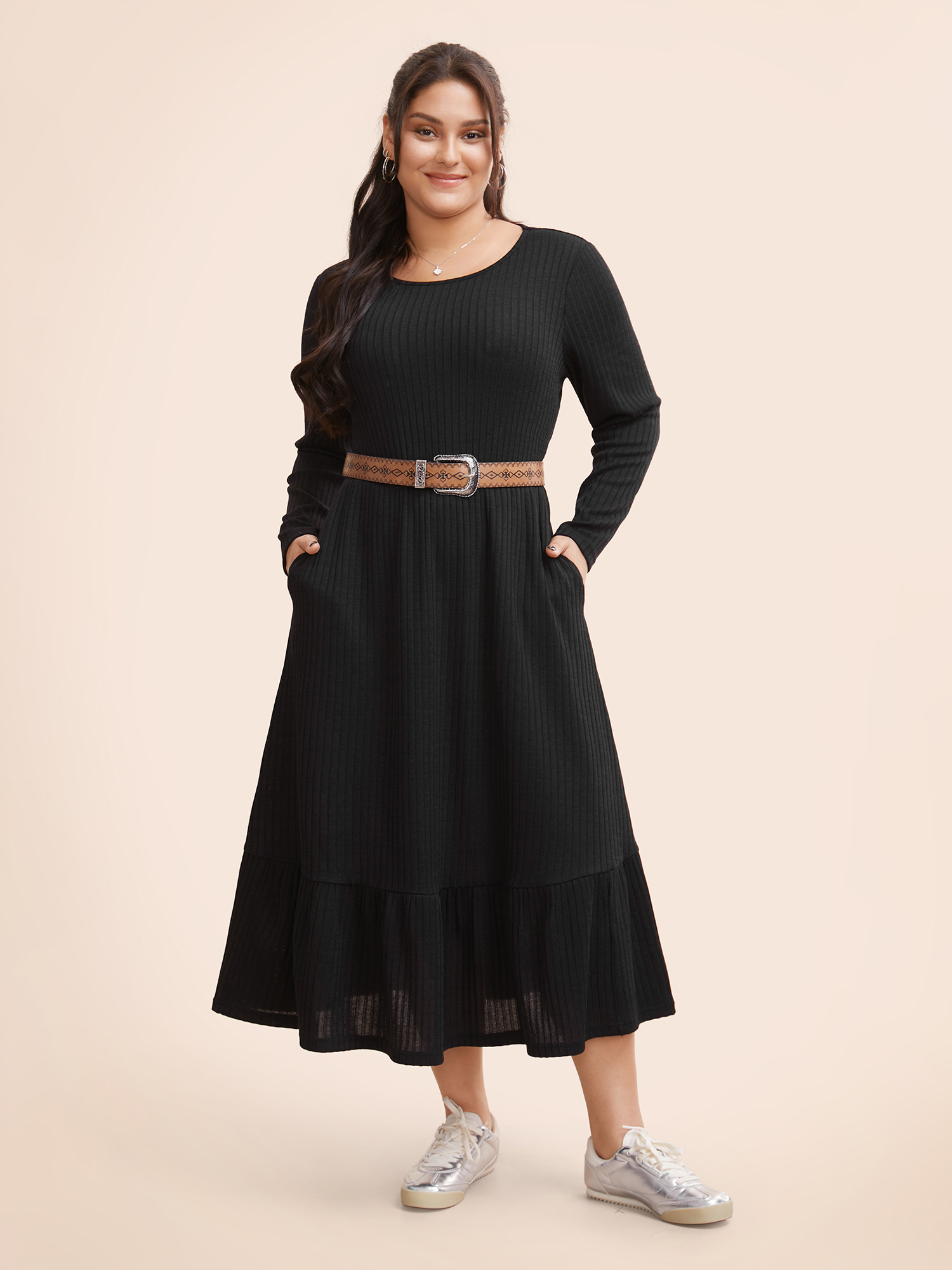 

Plus Size Solid Pocket Rib Knit Ruffle Hem Dress Without Belt Black Women Basics Non Round Neck Long Sleeve Curvy Midi Dress BloomChic