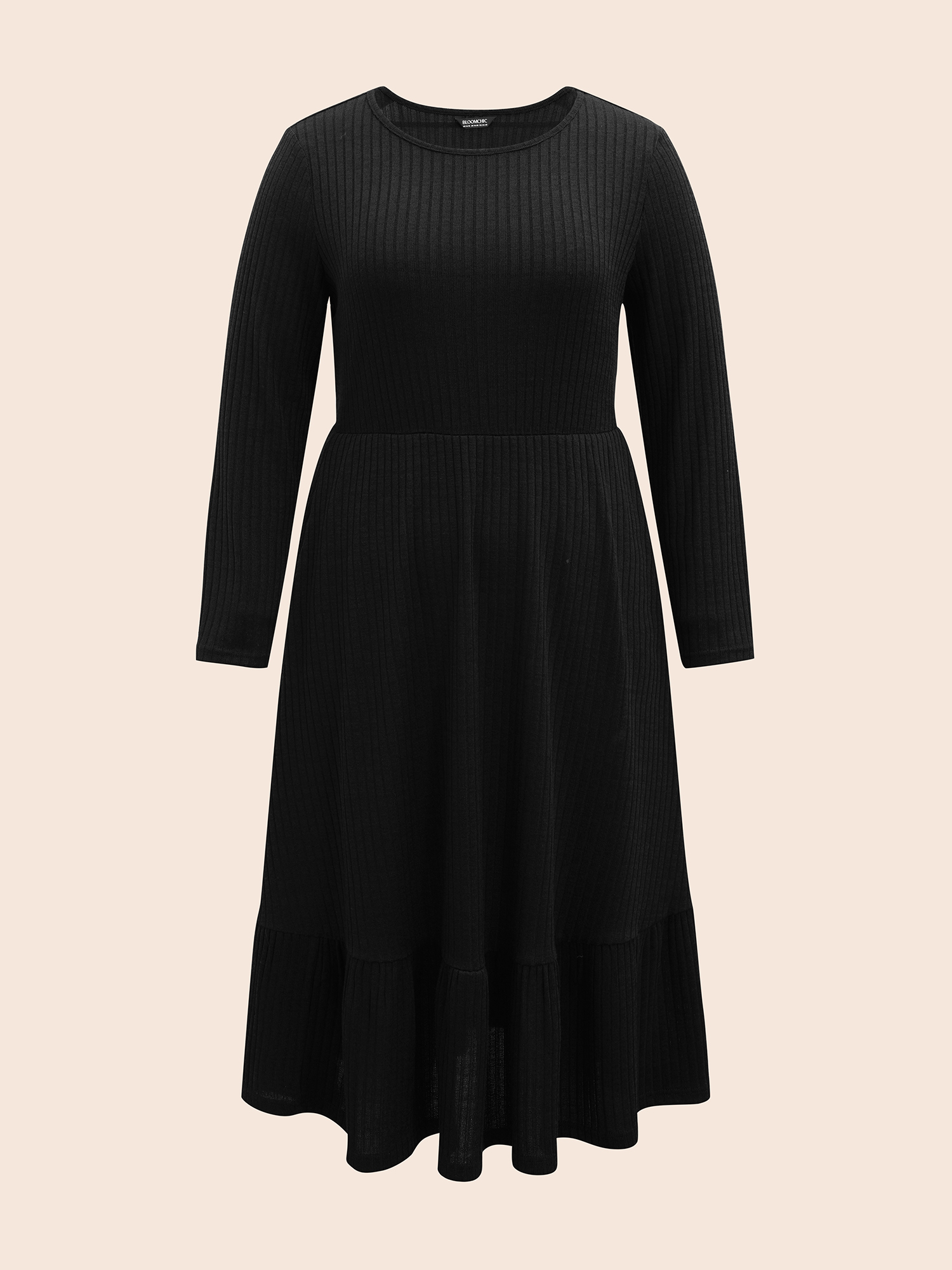 

Plus Size Solid Pocket Rib Knit Ruffle Hem Dress Without Belt Black Women Basics Non Round Neck Long Sleeve Curvy Midi Dress BloomChic