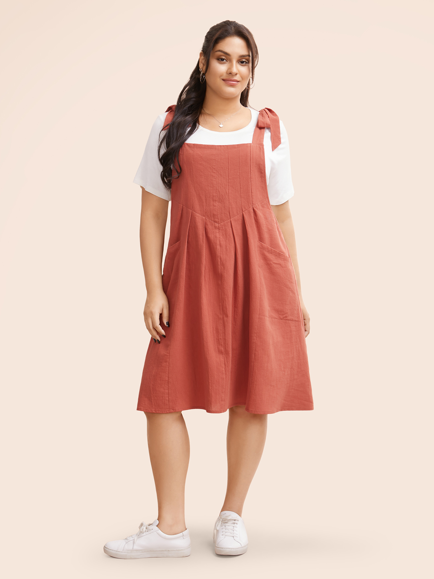 

Plus Size Solid Pleated Hem Pocket Tie Shoulder Overall Dress Rust Women Casual Pleated Spaghetti Strap Sleeveless Curvy Knee Dress BloomChic