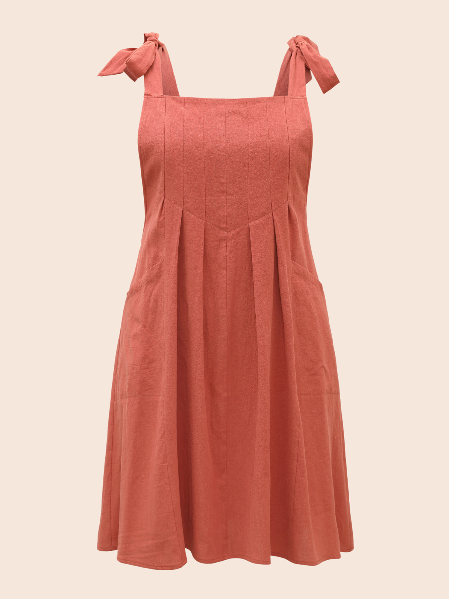 

Plus Size Solid Pleated Hem Pocket Tie Shoulder Overall Dress Rust Women Casual Pleated Spaghetti Strap Sleeveless Curvy Knee Dress BloomChic