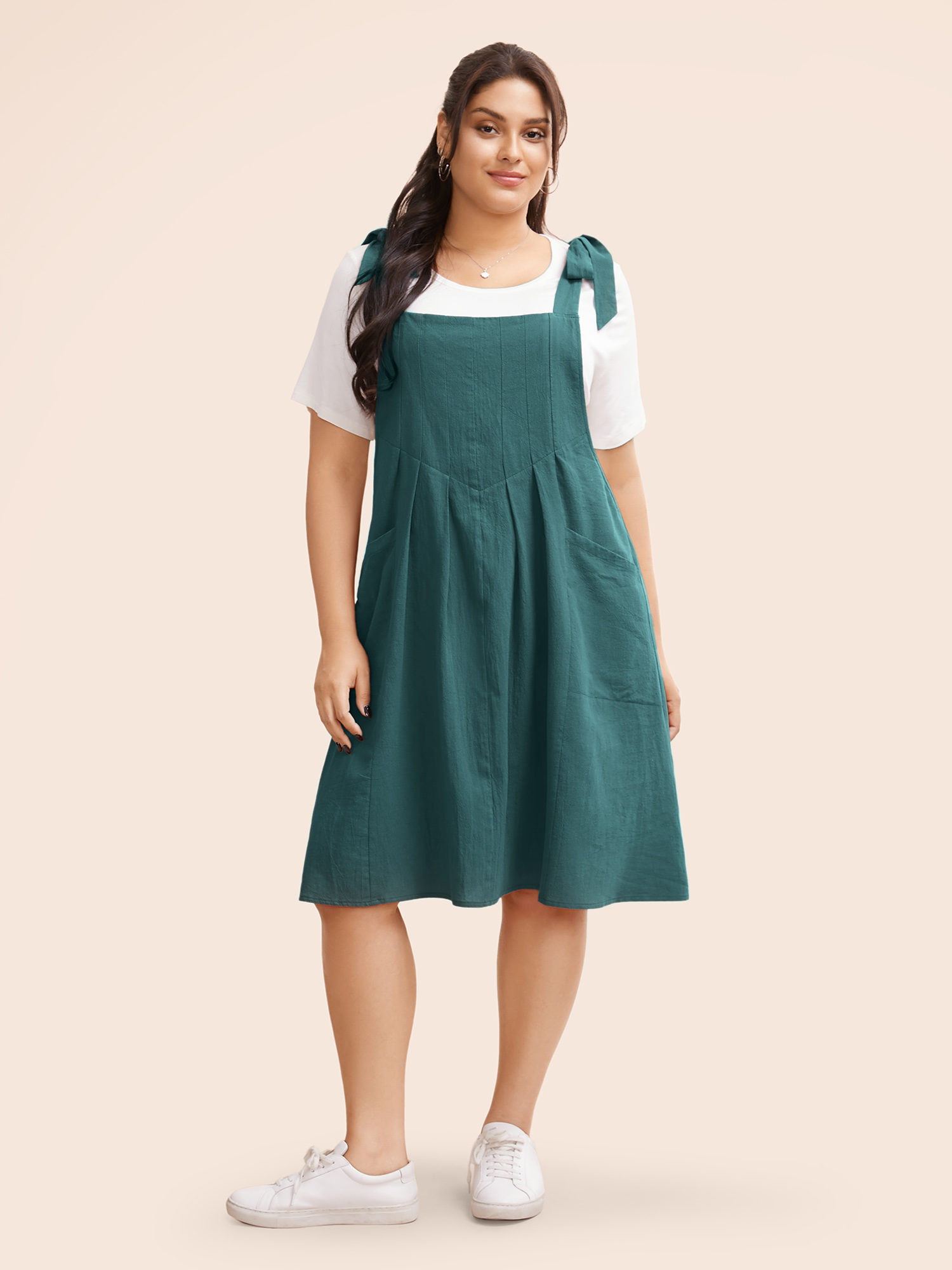 

Plus Size Solid Pleated Hem Pocket Tie Shoulder Overall Dress Cyan Women Casual Pleated Spaghetti Strap Sleeveless Curvy Knee Dress BloomChic