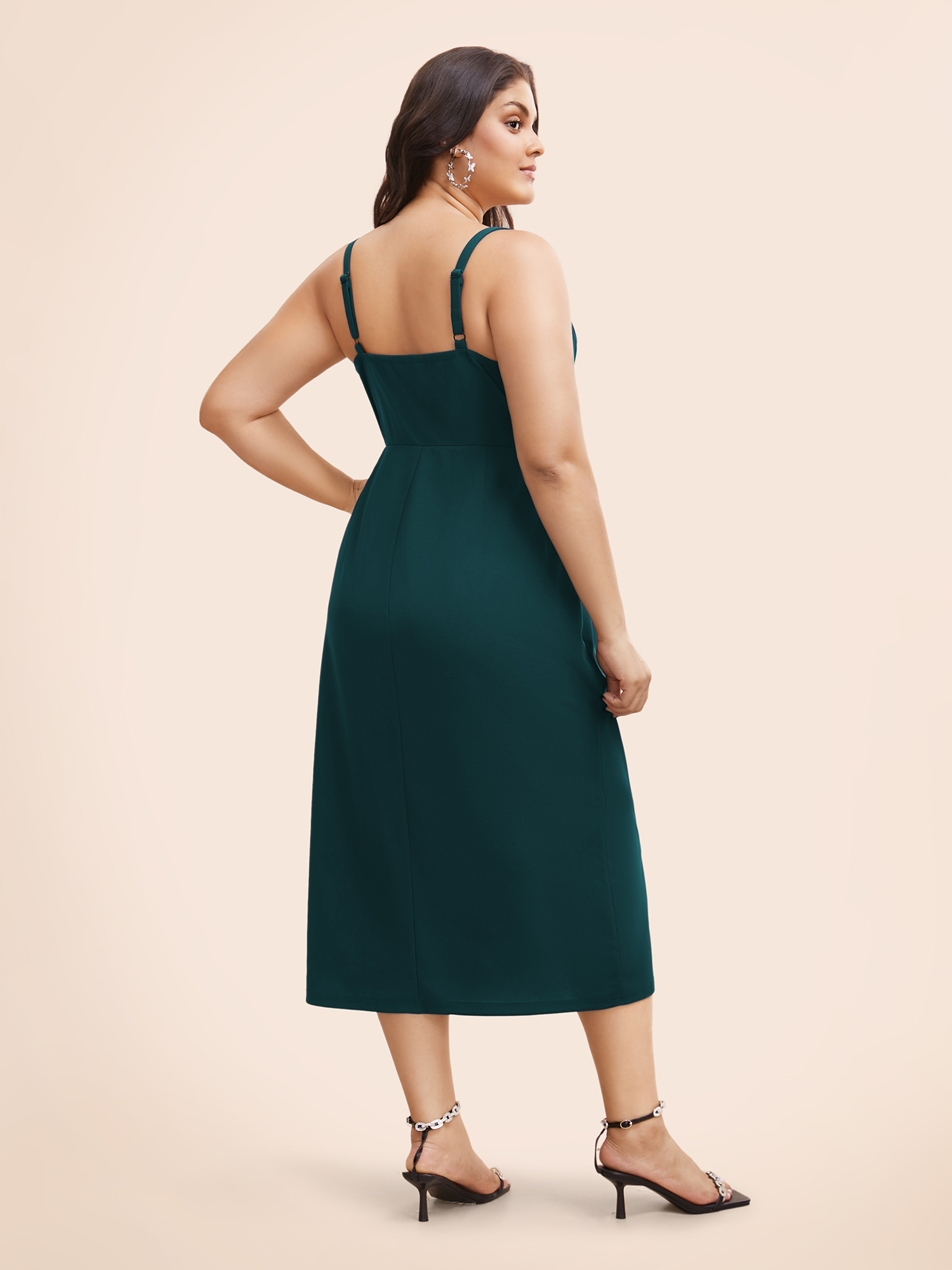 

Plus Size Plain Notched Pleated Detail Spaghetti Strap Wrap Hem Dress Cyan Women Cocktail Adjustable Straps Heart neckline Sleeveless Curvy Midi Dress BloomChic