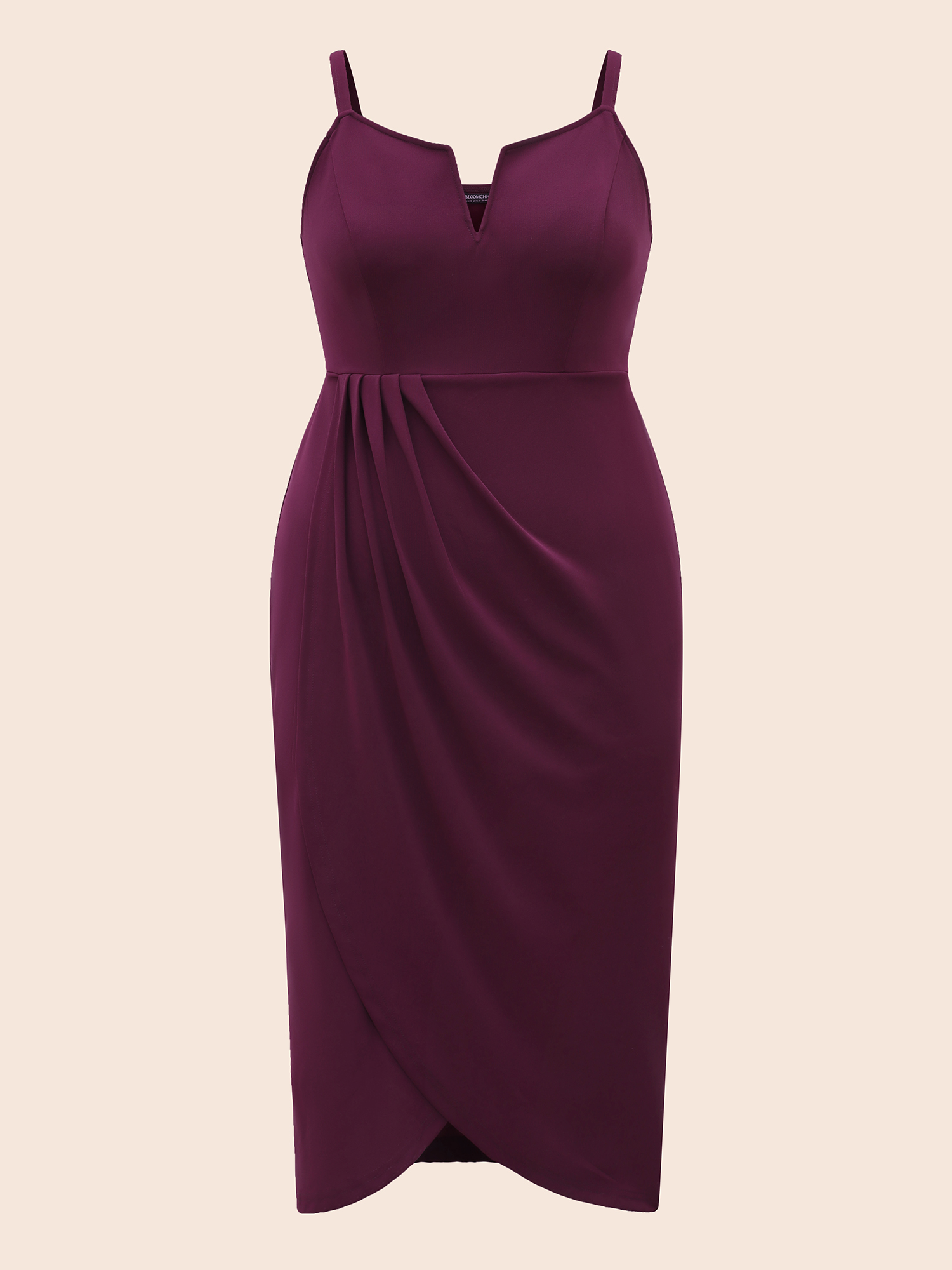 

Plus Size Plain Notched Pleated Detail Spaghetti Strap Wrap Hem Dress Eggplant Women Cocktail Adjustable Straps Heart neckline Sleeveless Curvy Midi Dress BloomChic