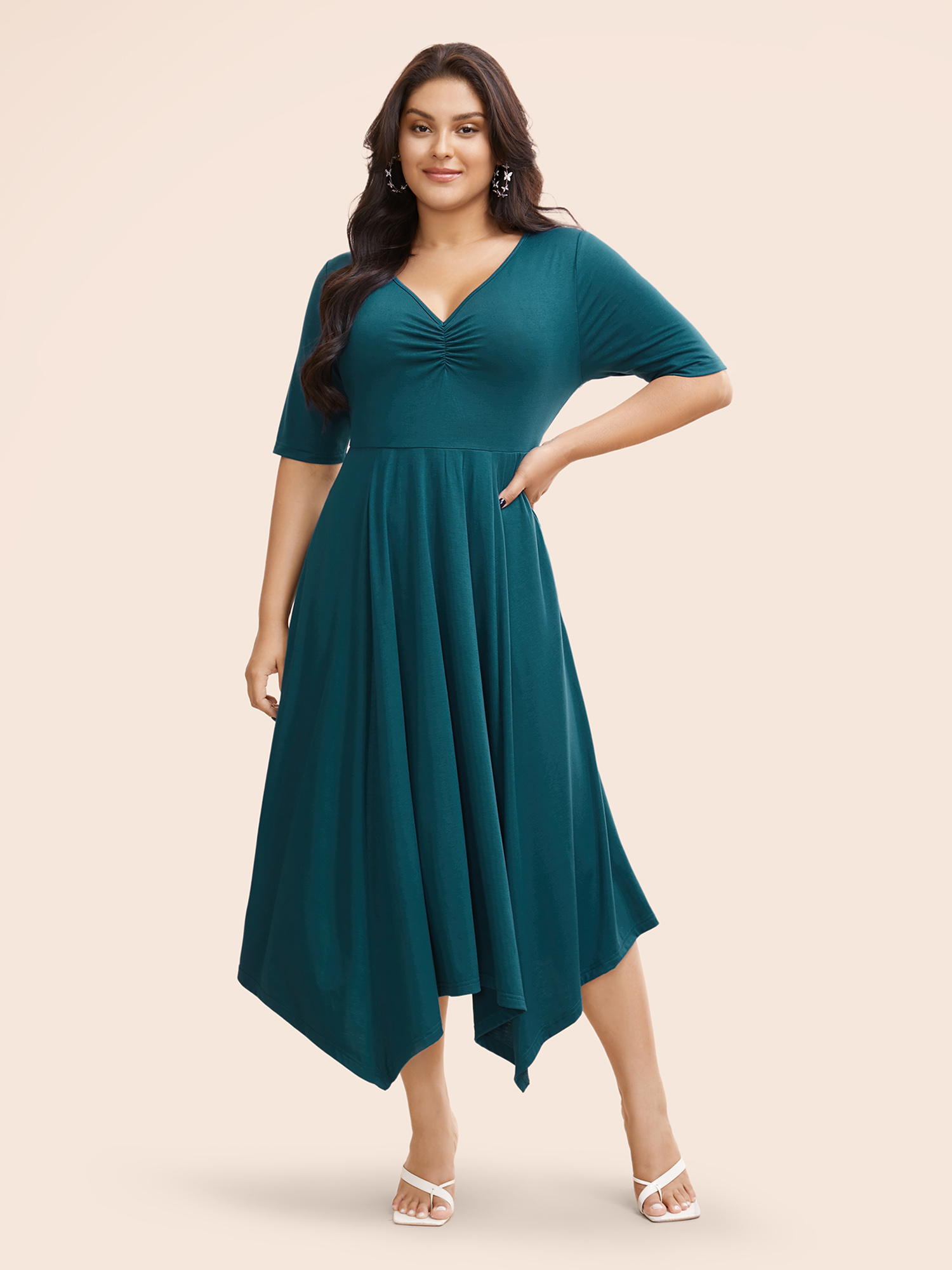 

Plus Size Solid Ruched Pocket Asymmetrical Hem Dress Cerulean Women Elegant Gathered V-neck Short sleeve Curvy Midi Dress BloomChic