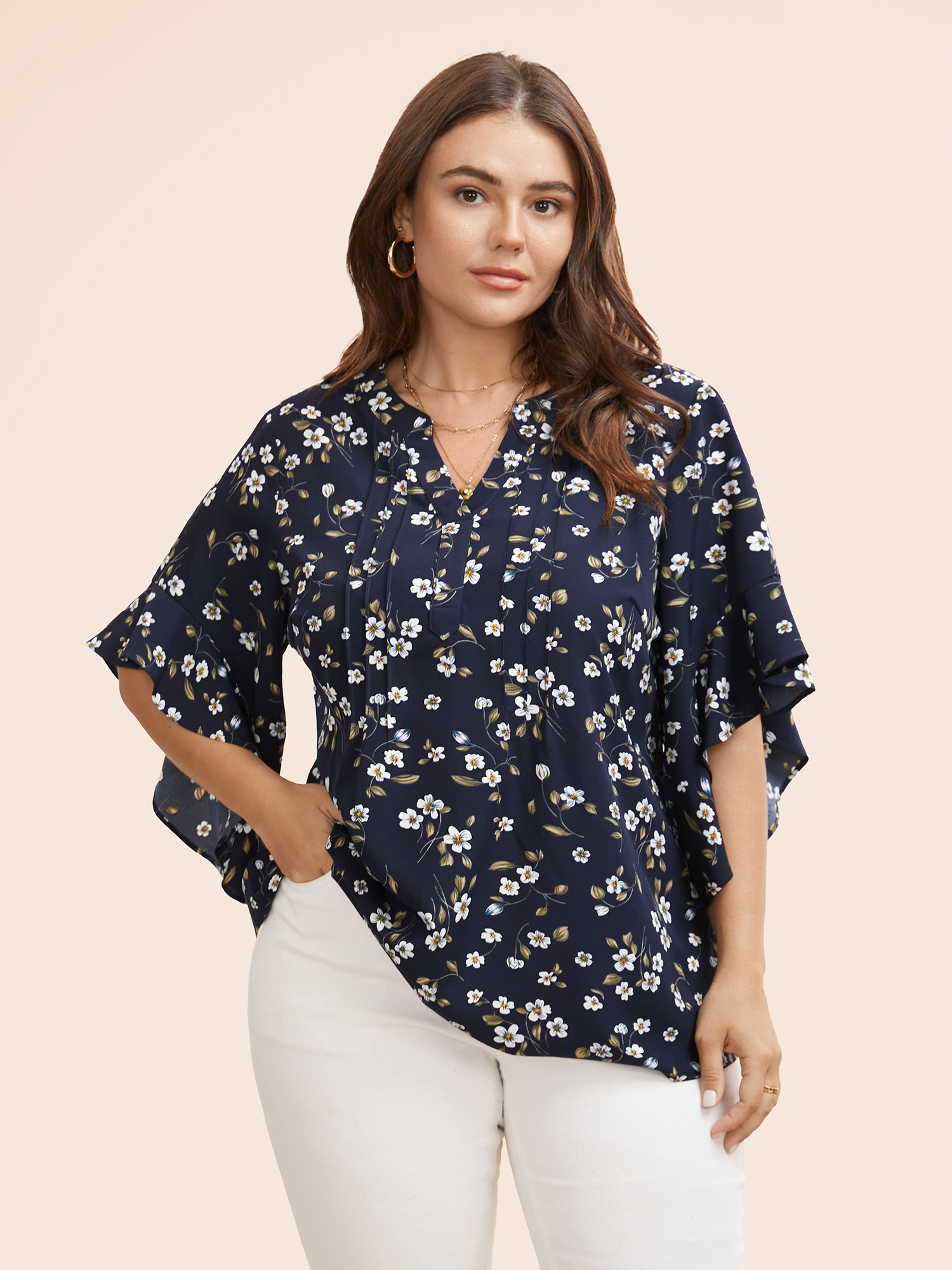 

Plus Size Indigo Notched Floral Pleated Ruffle Sleeve Blouse Women Elegant Half Sleeve Flat collar with V-notch Everyday Blouses BloomChic