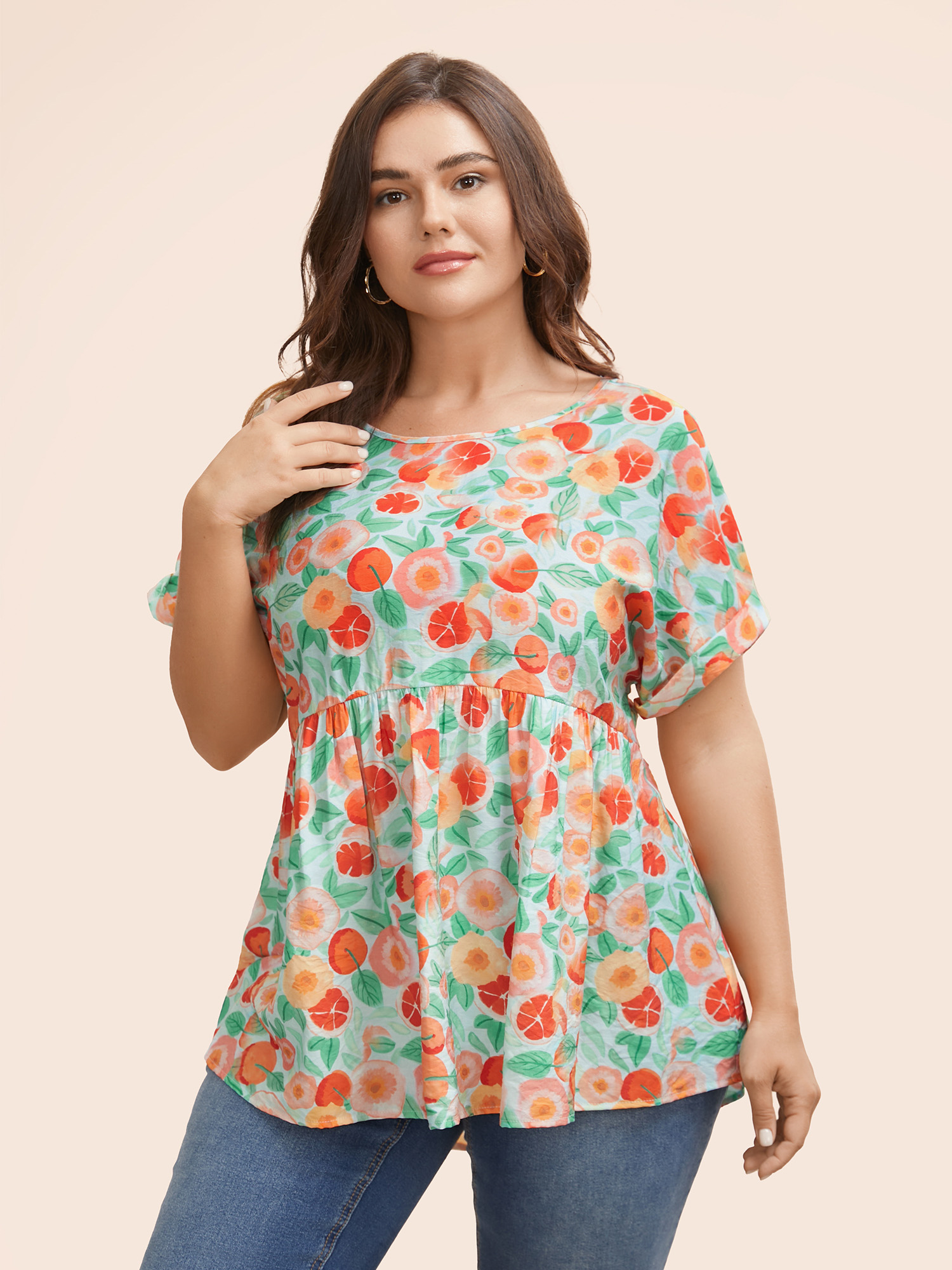 

Plus Size Azure Fruit Print Curved Hem Batwing Sleeve Blouse Women Casual Cap Sleeve Round Neck Everyday Blouses BloomChic