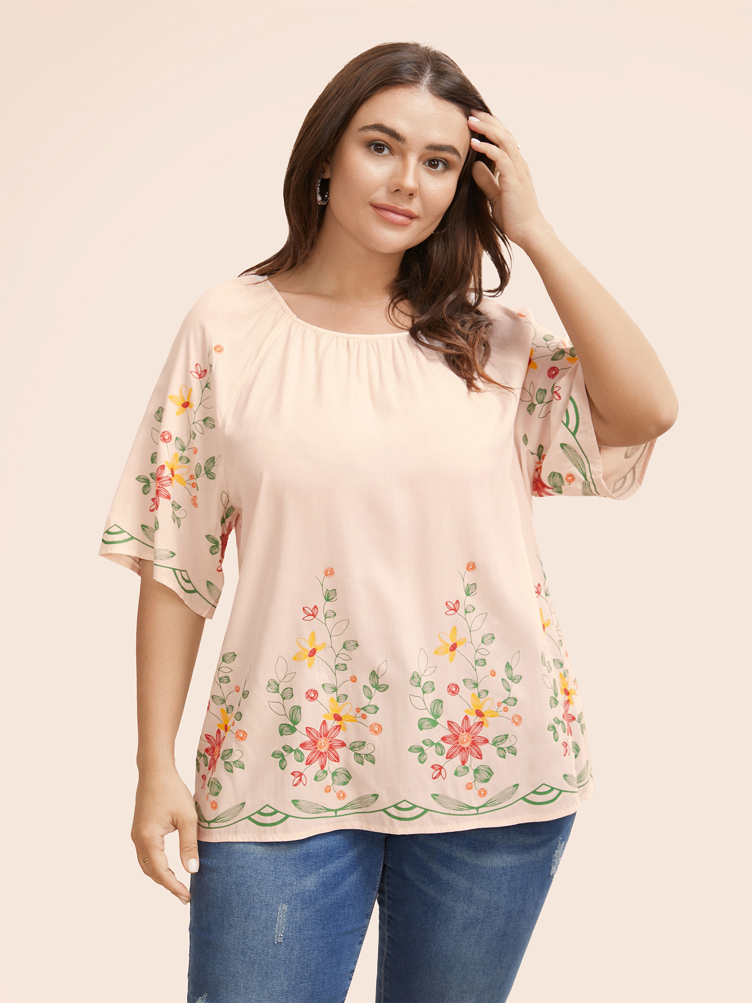 

Plus Size Beige Boho Print Gathered Ruffle Sleeve Blouse Women Elegant Half Sleeve Round Neck Everyday Blouses BloomChic