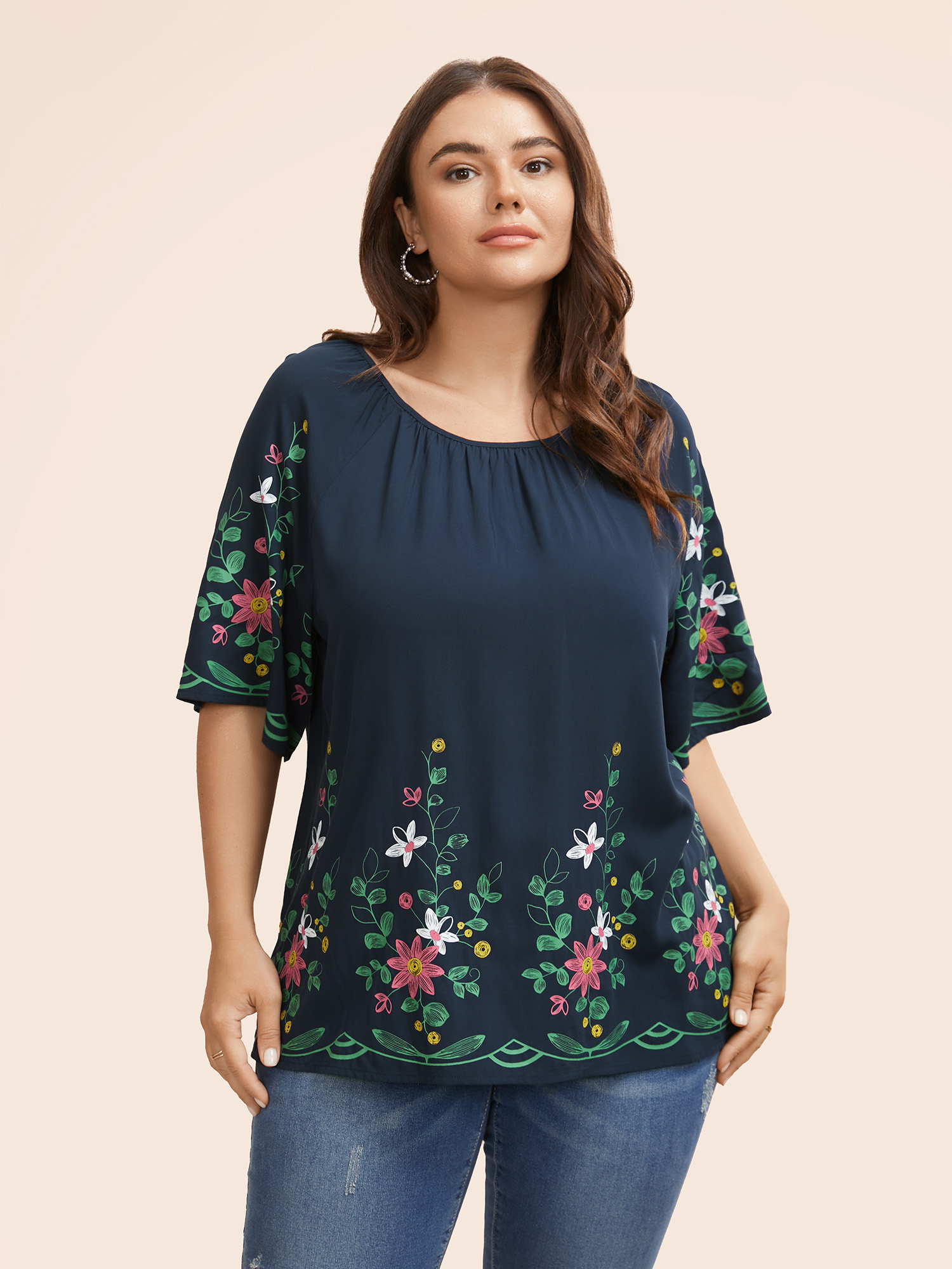 

Plus Size Midnight Boho Print Gathered Ruffle Sleeve Blouse Women Elegant Half Sleeve Round Neck Everyday Blouses BloomChic