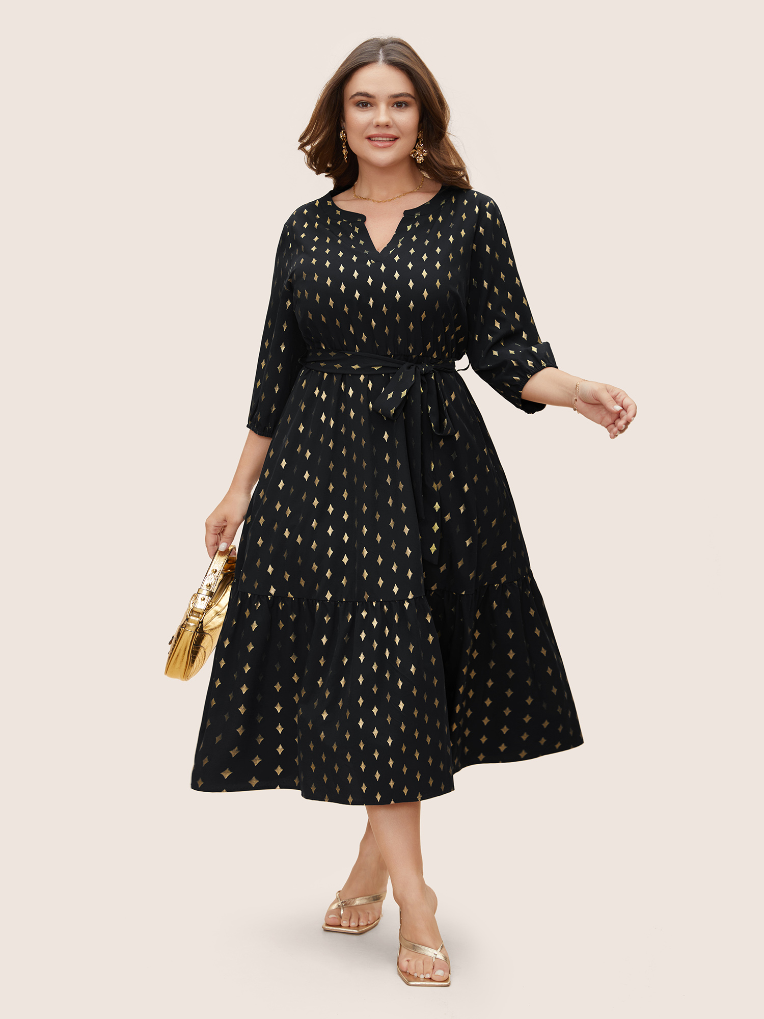 

Plus Size Glitter Notched Lantern Sleeve Midi Dress Black Women Formal Gathered Notched collar Elbow-length sleeve Curvy BloomChic