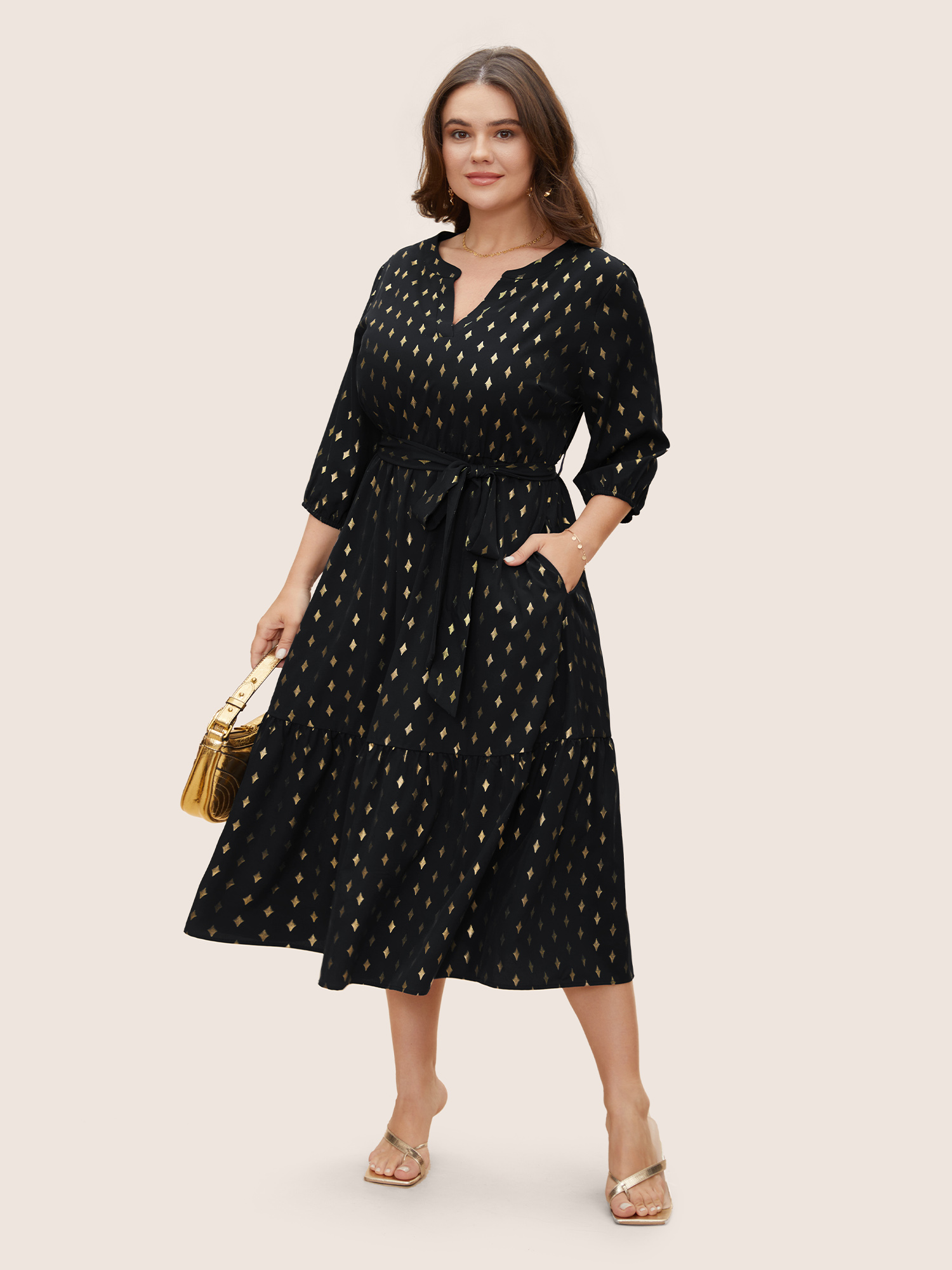 

Plus Size Glitter Notched Lantern Sleeve Midi Dress Black Women Formal Gathered Notched collar Elbow-length sleeve Curvy BloomChic