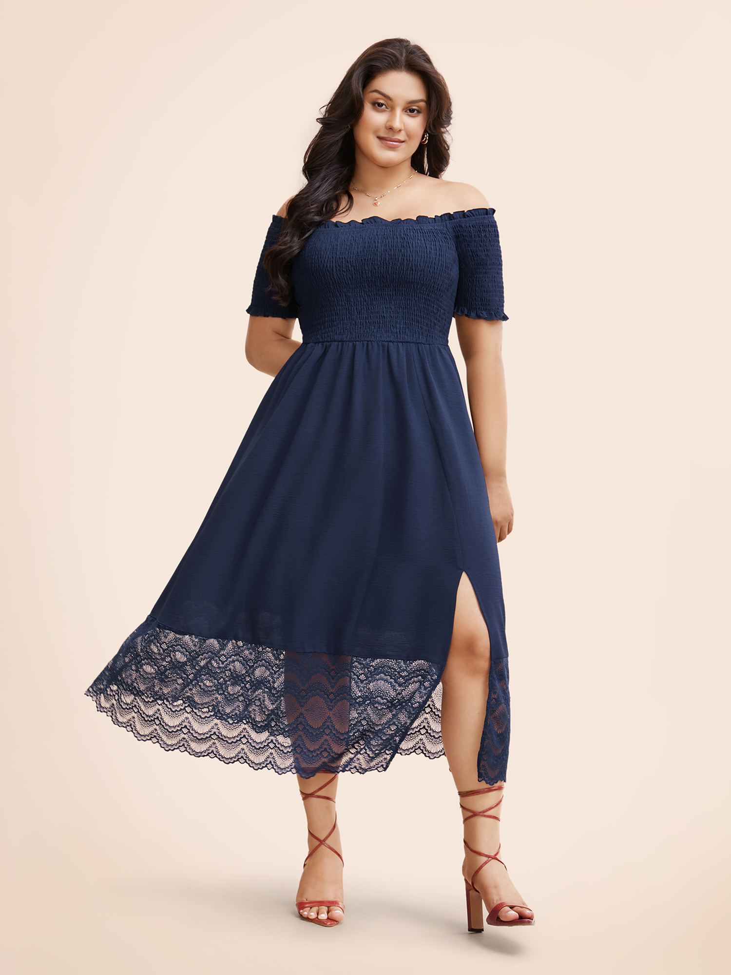 

Plus Size Off Shoulder Shirred Lace Patchwork Dress Indigo Women Elegant Woven ribbon&lace trim One-shoulder neck Short sleeve Curvy BloomChic