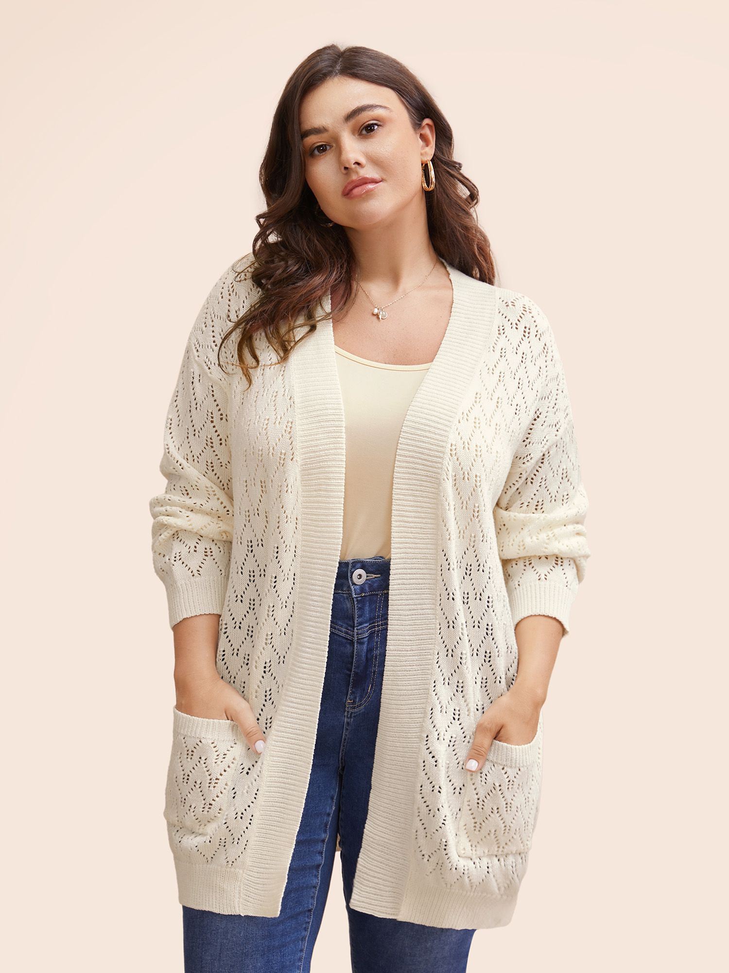 

Plus Size Kimono Collar Patch Pocket Pointelle Knit Cardigan Beige Women Casual Loose Long Sleeve Everyday Cardigans BloomChic