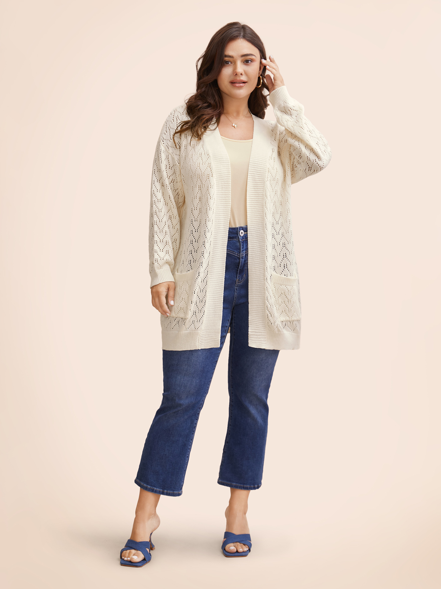 

Plus Size Kimono Collar Patch Pocket Pointelle Knit Cardigan Beige Women Casual Loose Long Sleeve Everyday Cardigans BloomChic