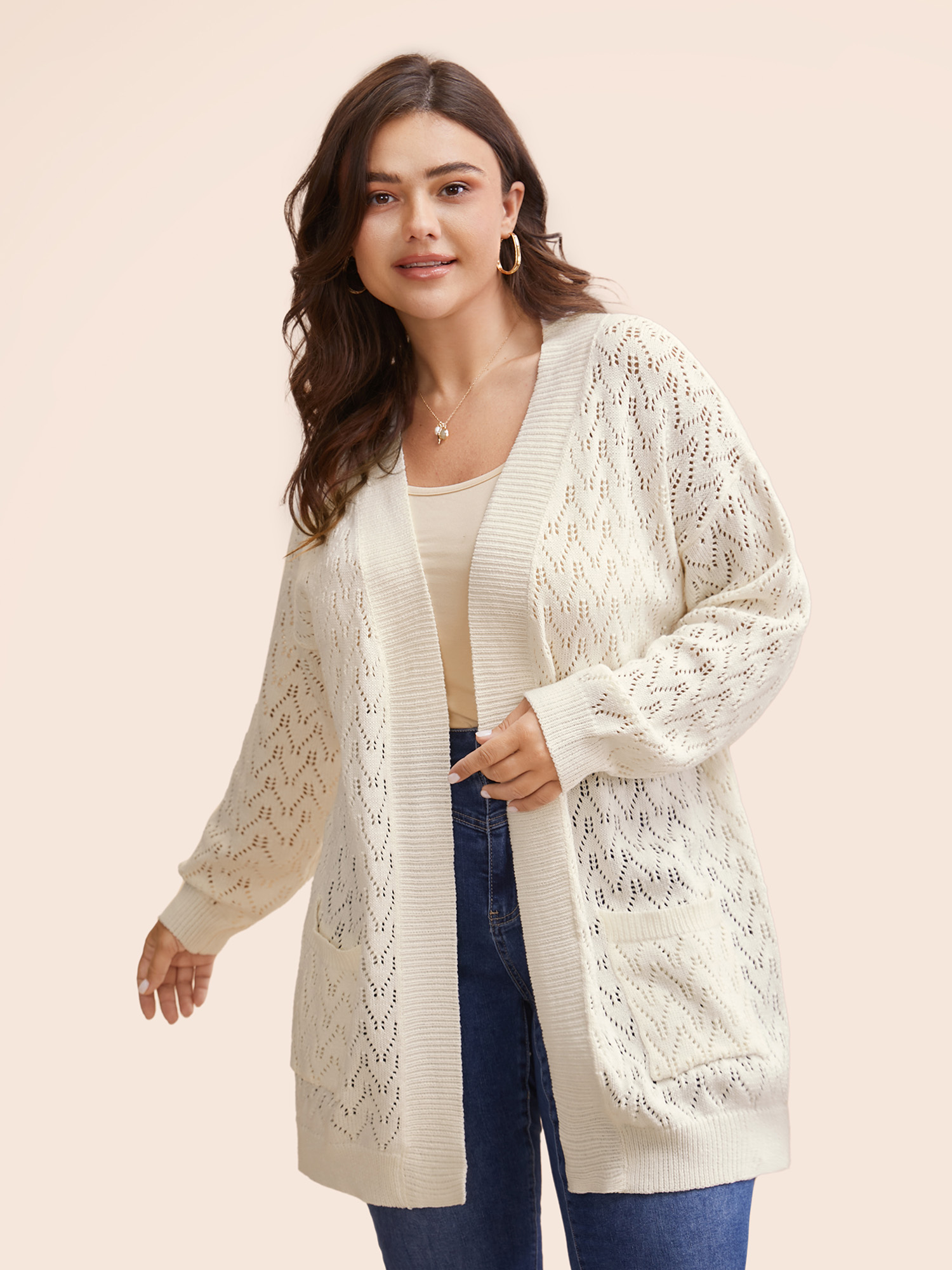 Plus Size Kimono Collar Patch Pocket Pointelle Knit Cardigan Beige Women Casual Loose Long Sleeve Everyday Cardigans BloomChic 28/5X 