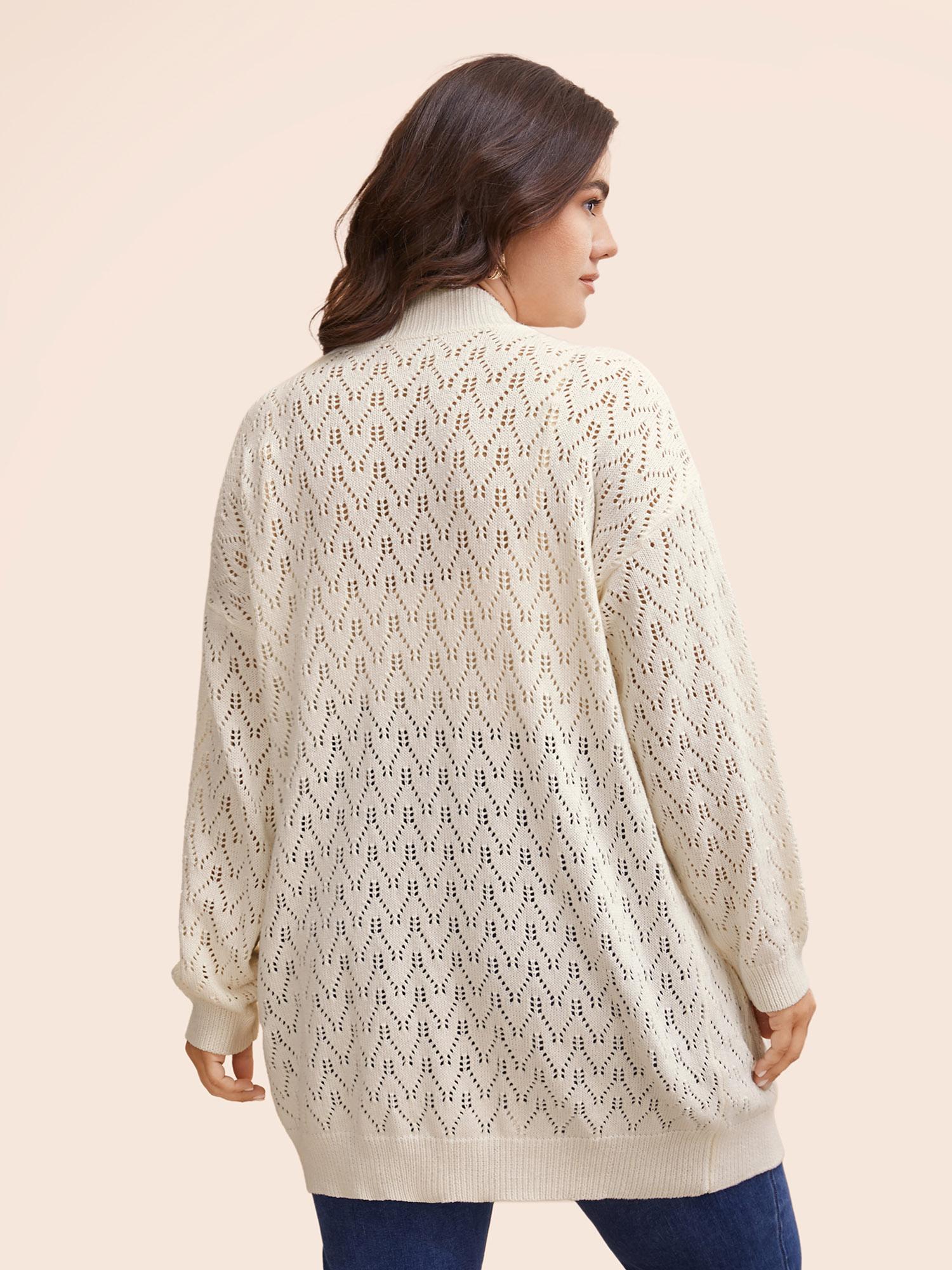 Plus Size Kimono Collar Patch Pocket Pointelle Knit Cardigan Beige Women Casual Loose Long Sleeve Everyday Cardigans BloomChic 28/5X 
