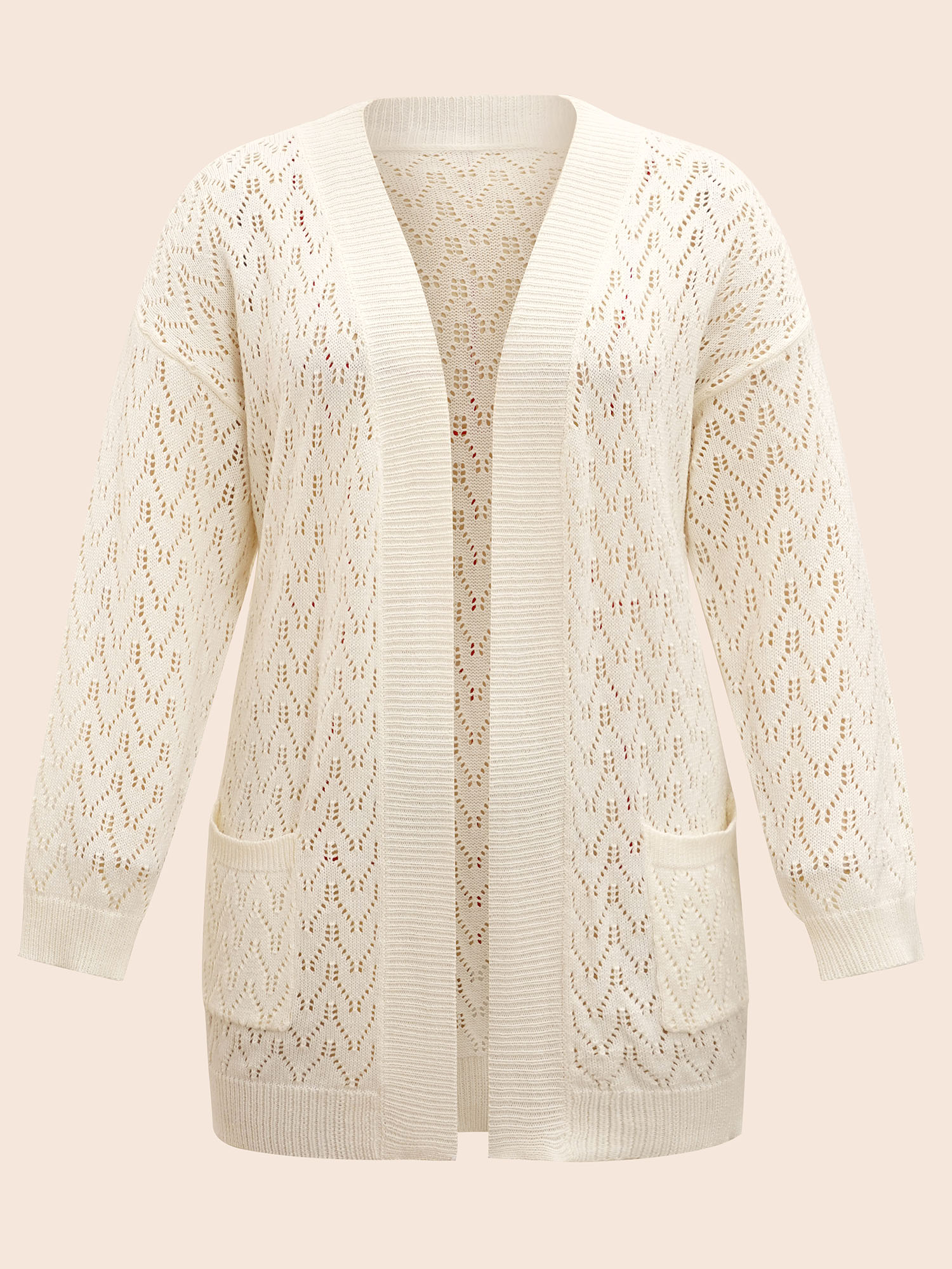 Plus Size Kimono Collar Patch Pocket Pointelle Knit Cardigan Beige Women Casual Loose Long Sleeve Everyday Cardigans BloomChic 28/5X 