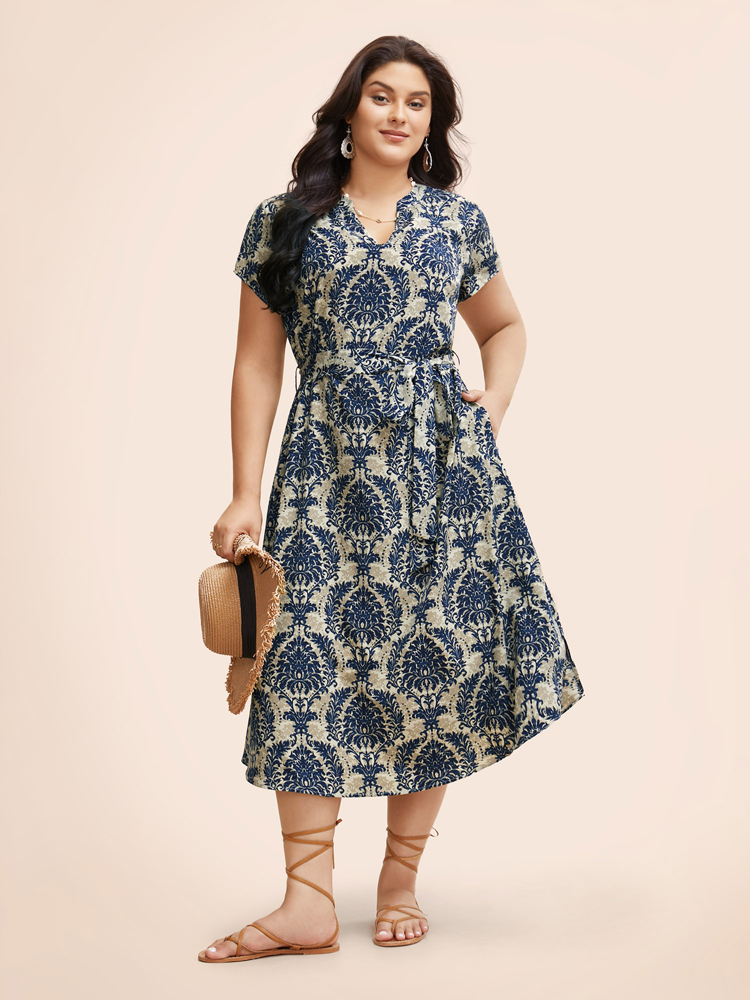 

Plus Size Boho Print Cap Sleeve Belted Dress Aegean Women Resort Belted Flat collar with V-notch Cap Sleeve Curvy BloomChic