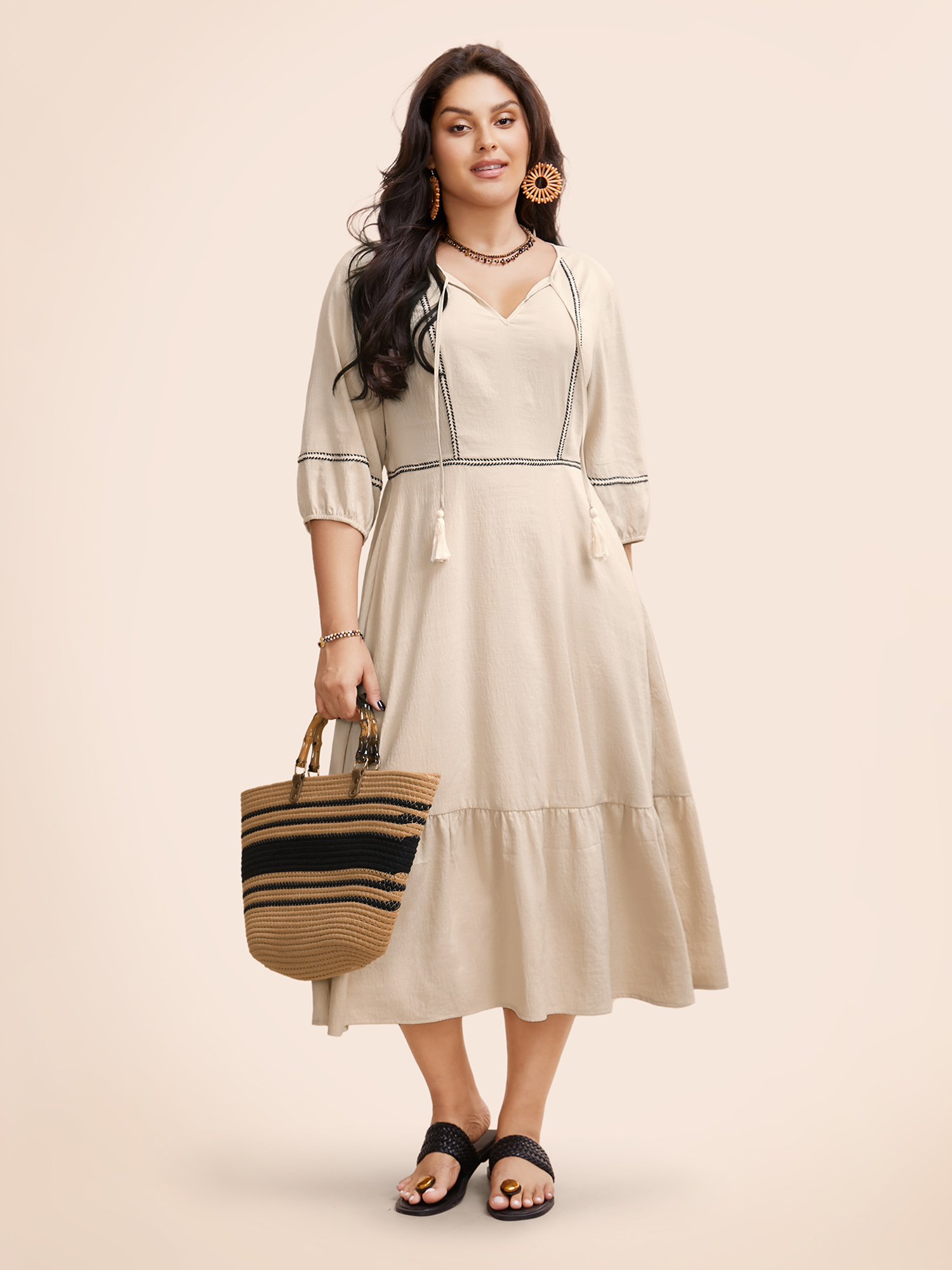 

Plus Size Contrast Webbing Tassel Tie Knot Dress Apricot Women Resort Tie knot V-neck Elbow-length sleeve Curvy BloomChic