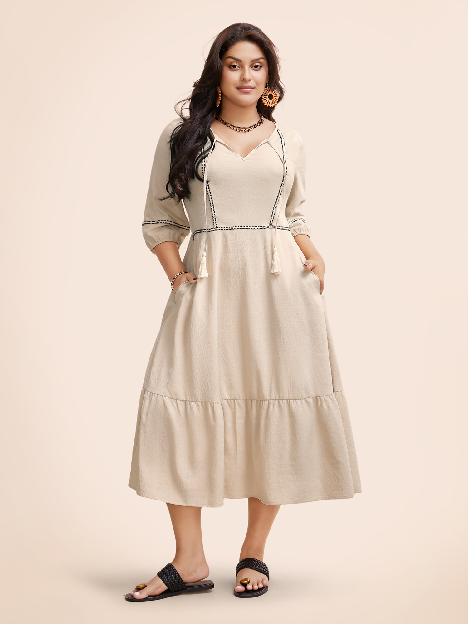 

Plus Size Contrast Webbing Tassel Tie Knot Dress Apricot Women Resort Tie knot V-neck Elbow-length sleeve Curvy BloomChic