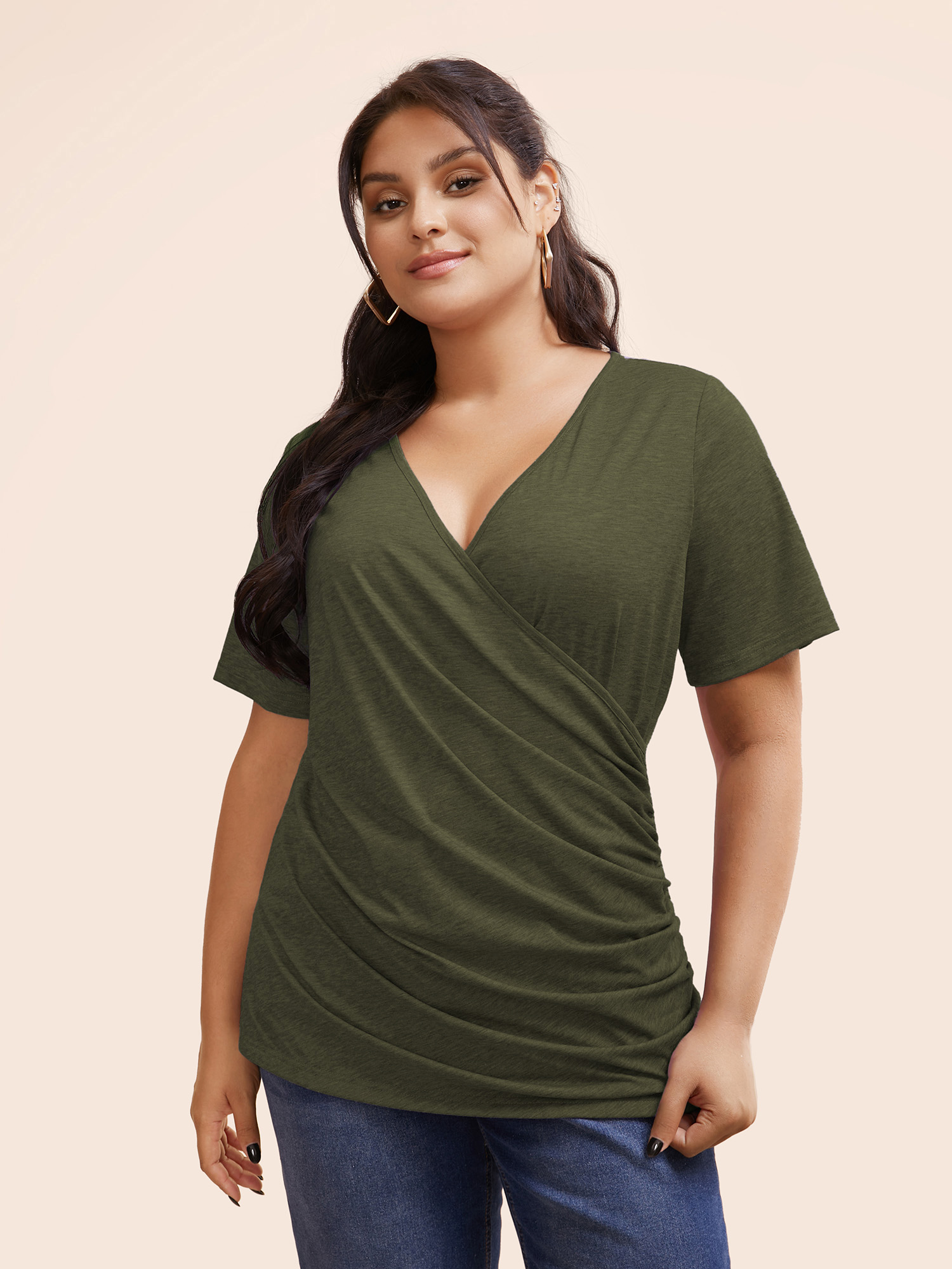 

Solid Heather Overlap Collar Gathered T-shirt, Armygreen