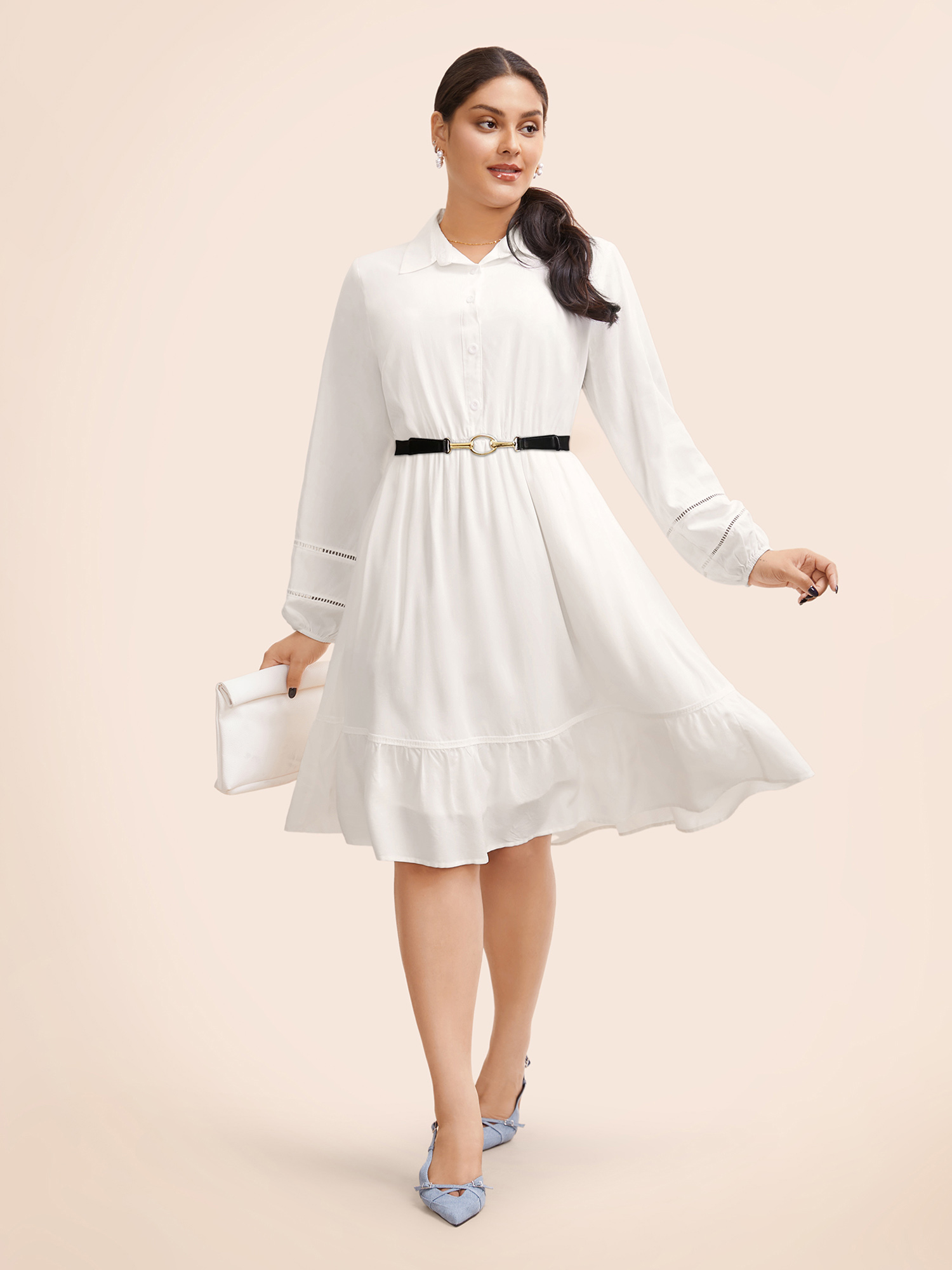 

Plus Size Shirt Collar Button Detail Woven Ribbon Dress Originalwhite Women Workwear Essentials Woven ribbon&lace trim Shirt collar Long Sleeve Curvy BloomChic