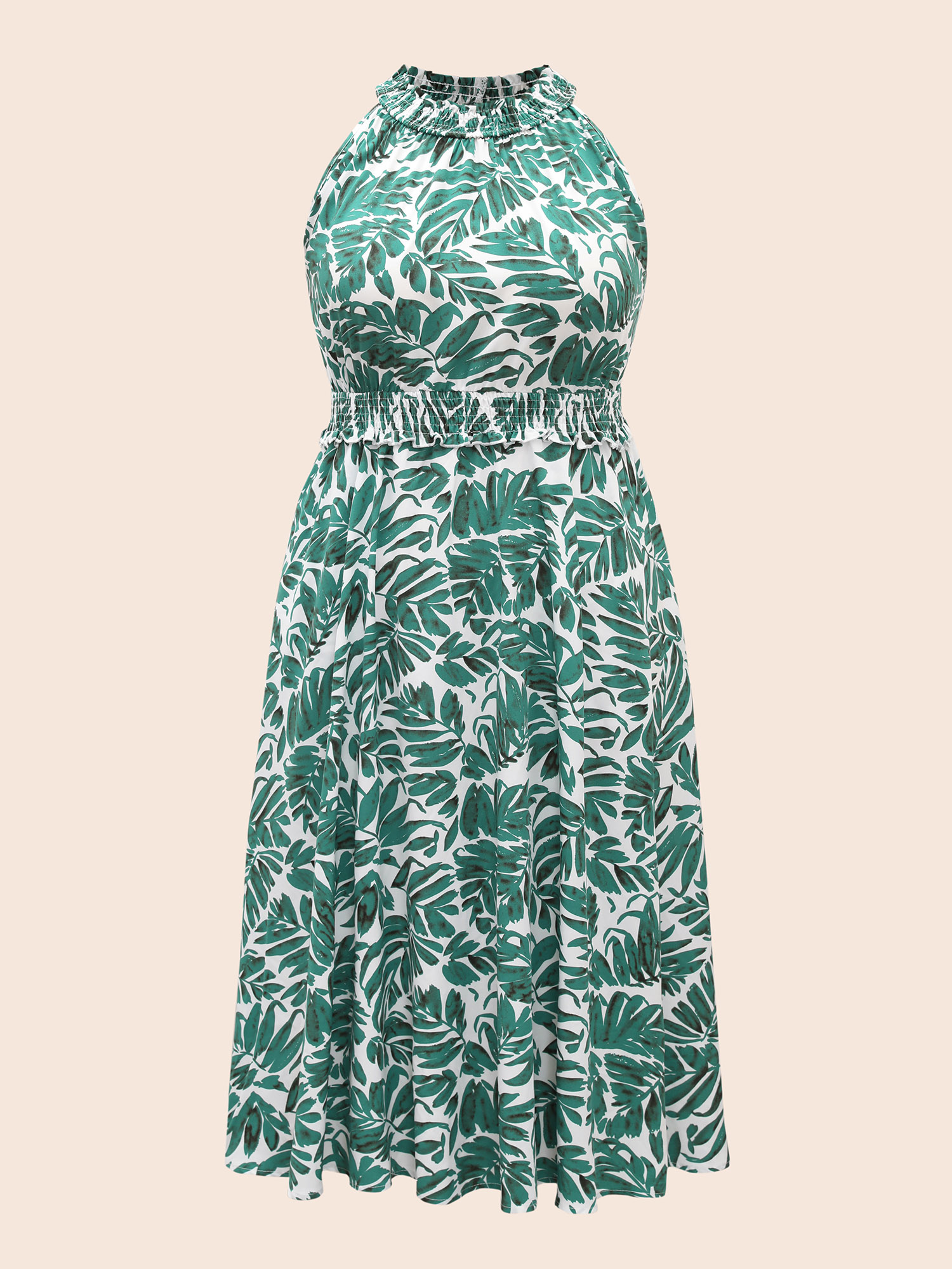 

Plus Size Tropical Print Shirred Frill Trim Sleeveless Dress Emerald Women Resort Frill Trim Stand-up collar Sleeveless Curvy BloomChic