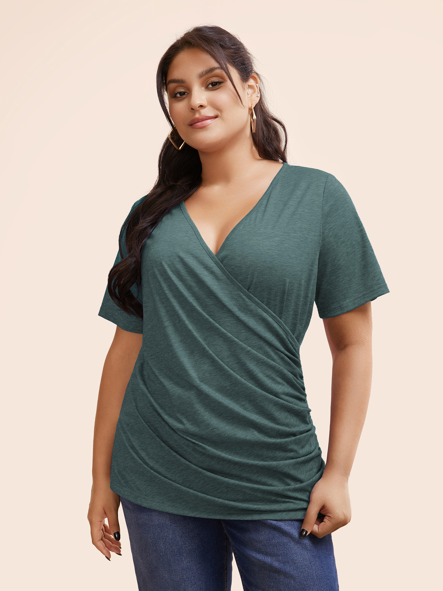 

Solid Heather Overlap Collar Gathered T-shirt, Darkgreen