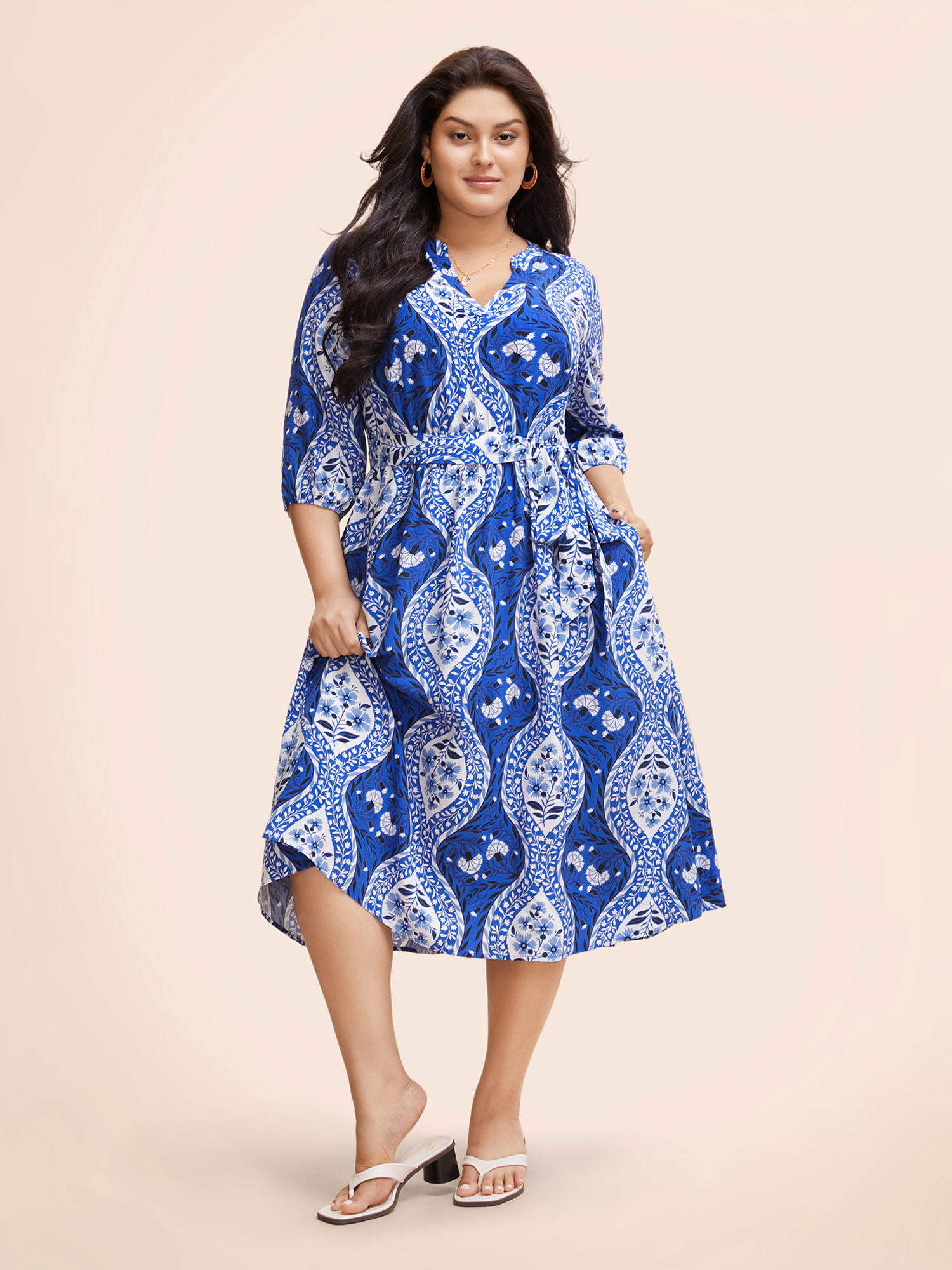 

Plus Size Boho Print Notched Collar Belted Gathered Dress DarkBlue Women Resort Gathered Notched collar Elbow-length sleeve Curvy BloomChic