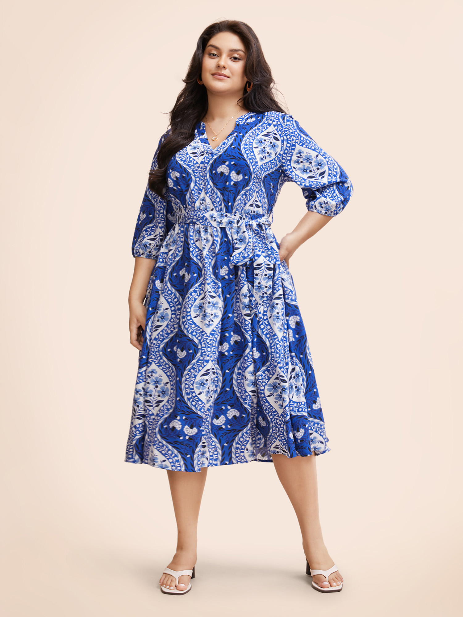 

Plus Size Boho Print Notched Collar Belted Gathered Dress DarkBlue Women Resort Gathered Notched collar Elbow-length sleeve Curvy BloomChic