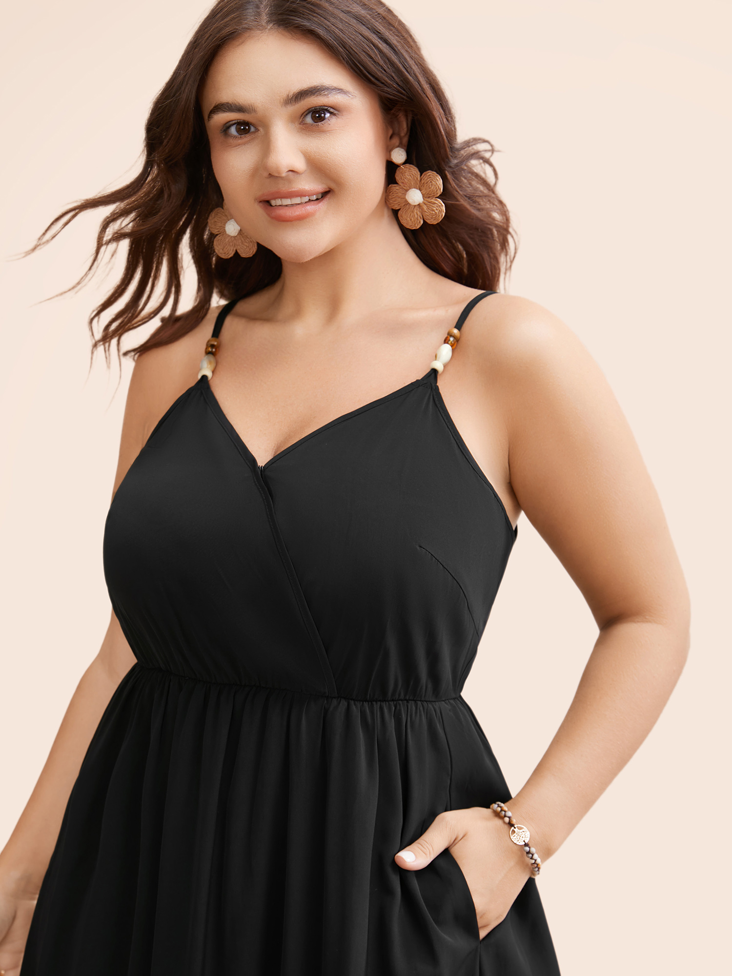 

Plus Size Bead Detail Overlap Collar Cami Dress Black Women Resort Gathered Overlap Collar Sleeveless Curvy BloomChic