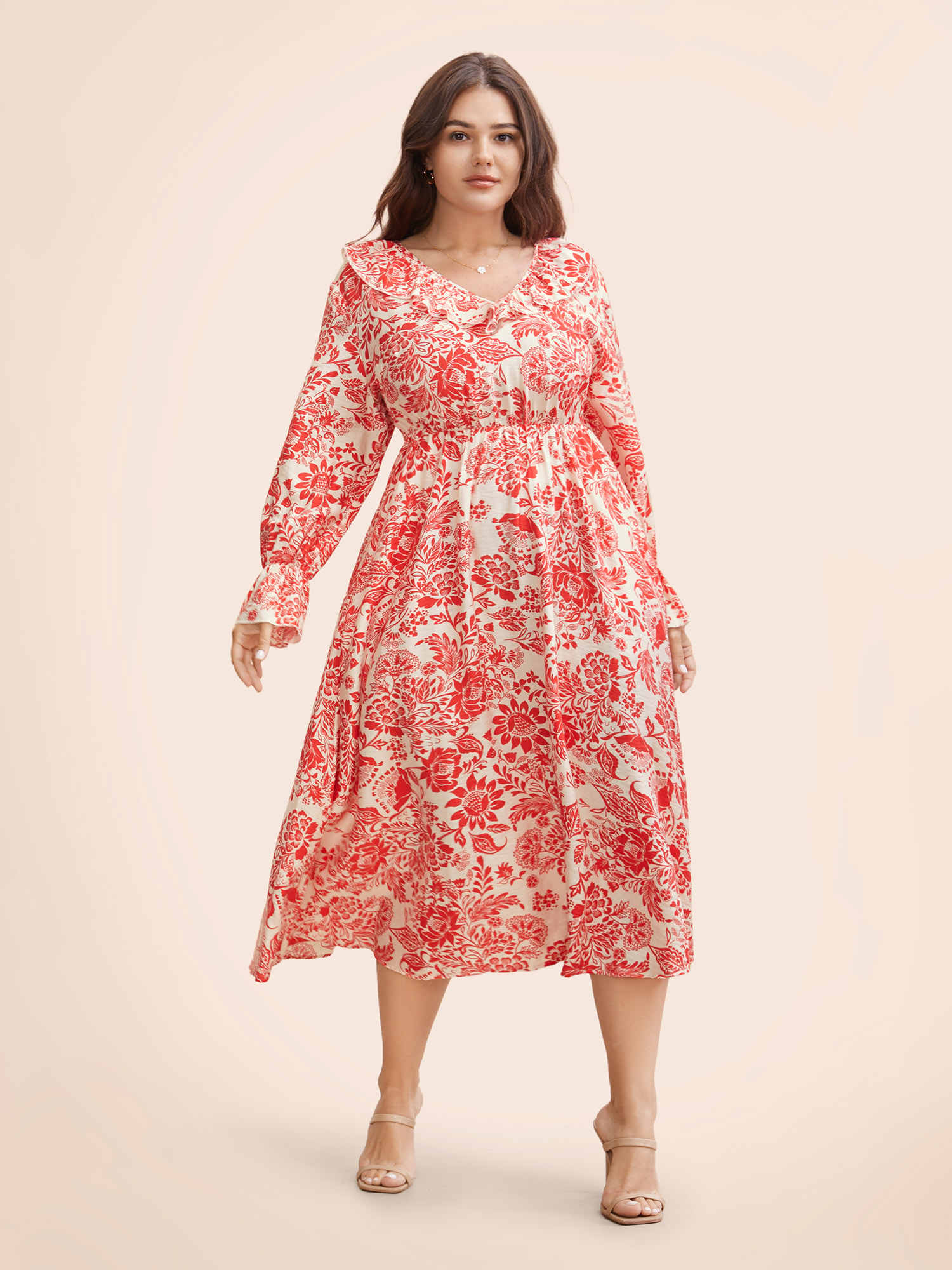 

Plus Size Floral Lantern Sleeve Ruffle Trim Dress Crimson Women Elegant Ruffles V-neck Long Sleeve Curvy BloomChic