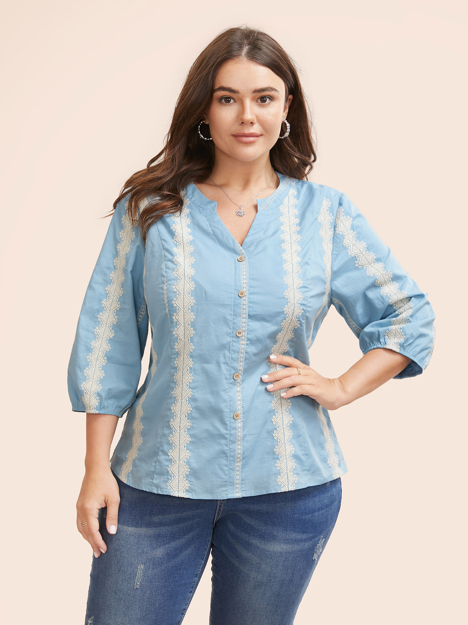 

Plus Size LightBlue Striped Notched Embroidered Button Detail Blouse Women Resort Elbow-length sleeve Notched collar Vacation Blouses BloomChic
