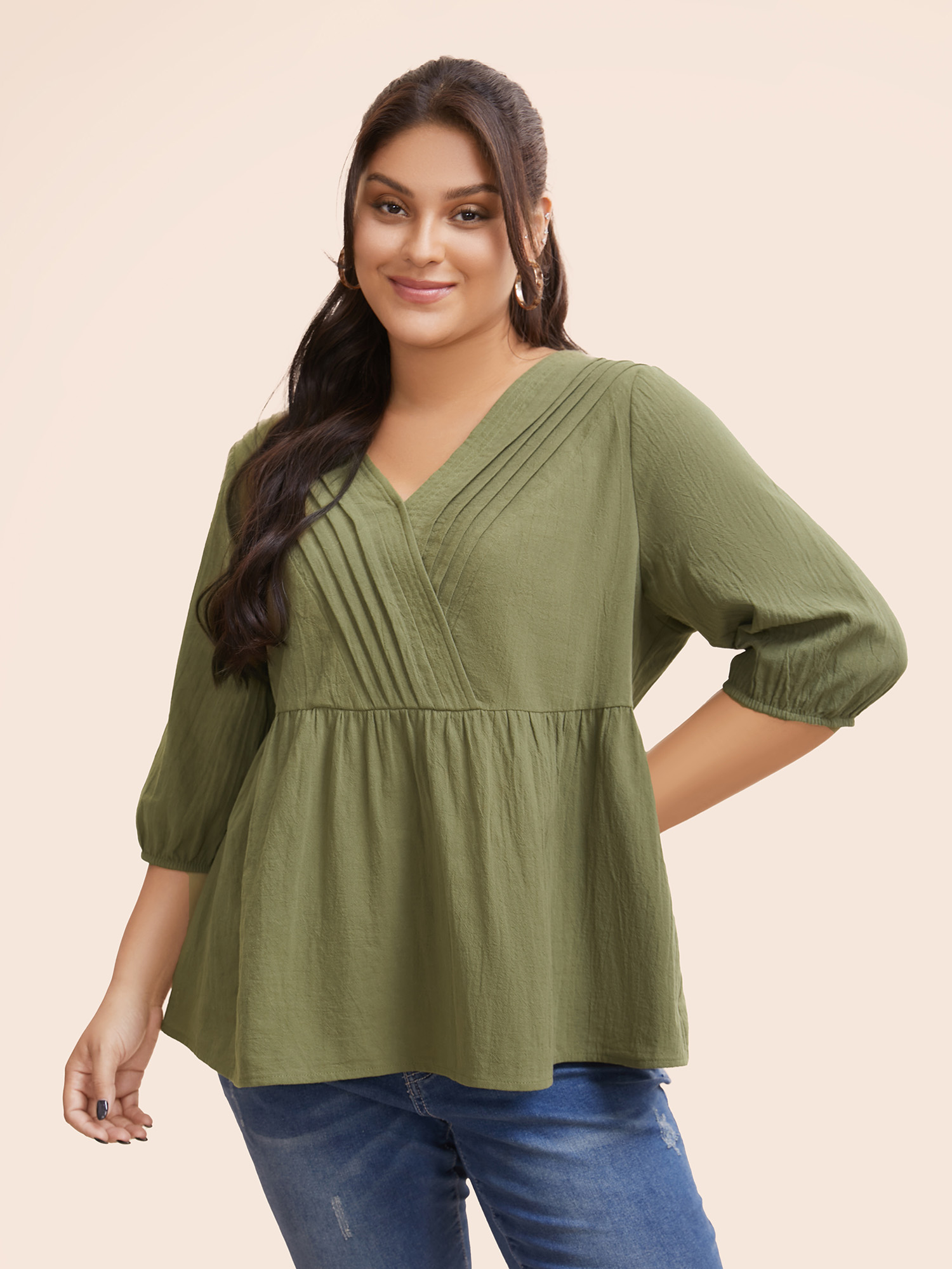 

Plus Size Sage Solid Lantern Sleeve Pleated Blouse Women Resort Elbow-length sleeve V-neck Vacation Blouses BloomChic