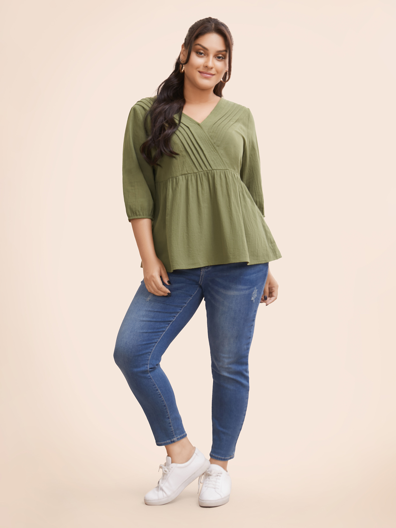 Plus Size Sage Solid Lantern Sleeve Pleated Blouse Women Resort Elbow-length sleeve V-neck Vacation Blouses BloomChic 26/4X 
