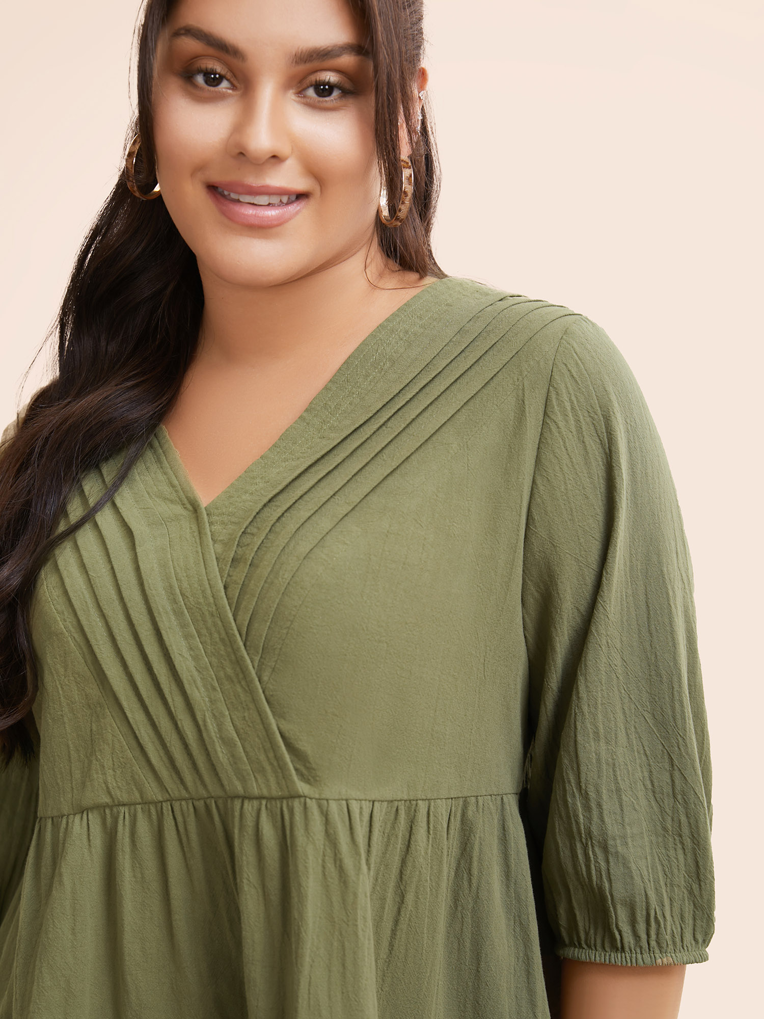 Plus Size Sage Solid Lantern Sleeve Pleated Blouse Women Resort Elbow-length sleeve V-neck Vacation Blouses BloomChic 26/4X 