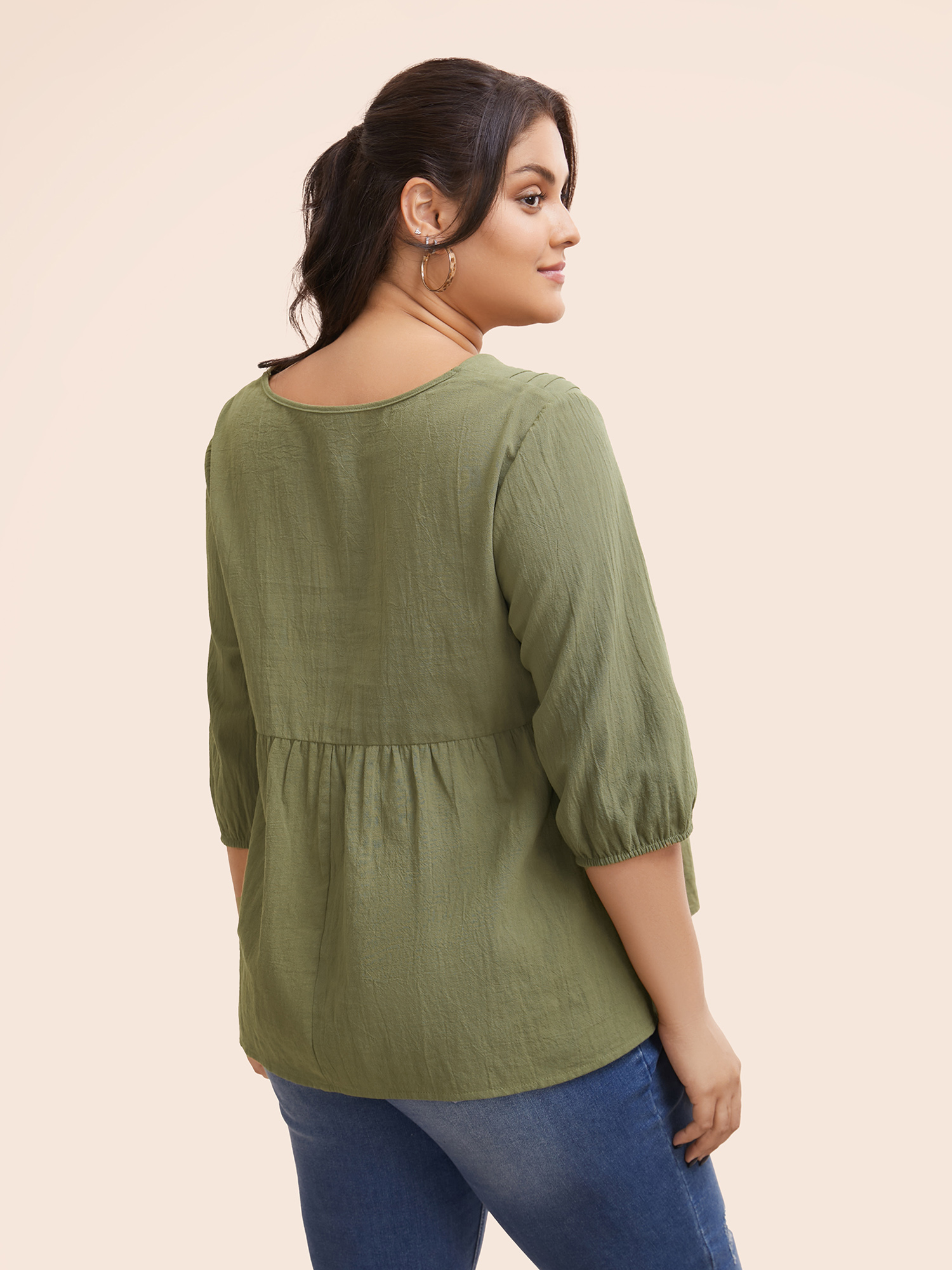 Plus Size Sage Solid Lantern Sleeve Pleated Blouse Women Resort Elbow-length sleeve V-neck Vacation Blouses BloomChic 26/4X 