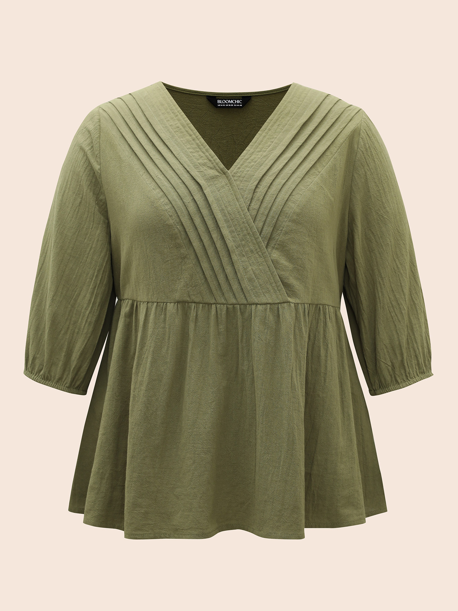 Plus Size Sage Solid Lantern Sleeve Pleated Blouse Women Resort Elbow-length sleeve V-neck Vacation Blouses BloomChic 26/4X 