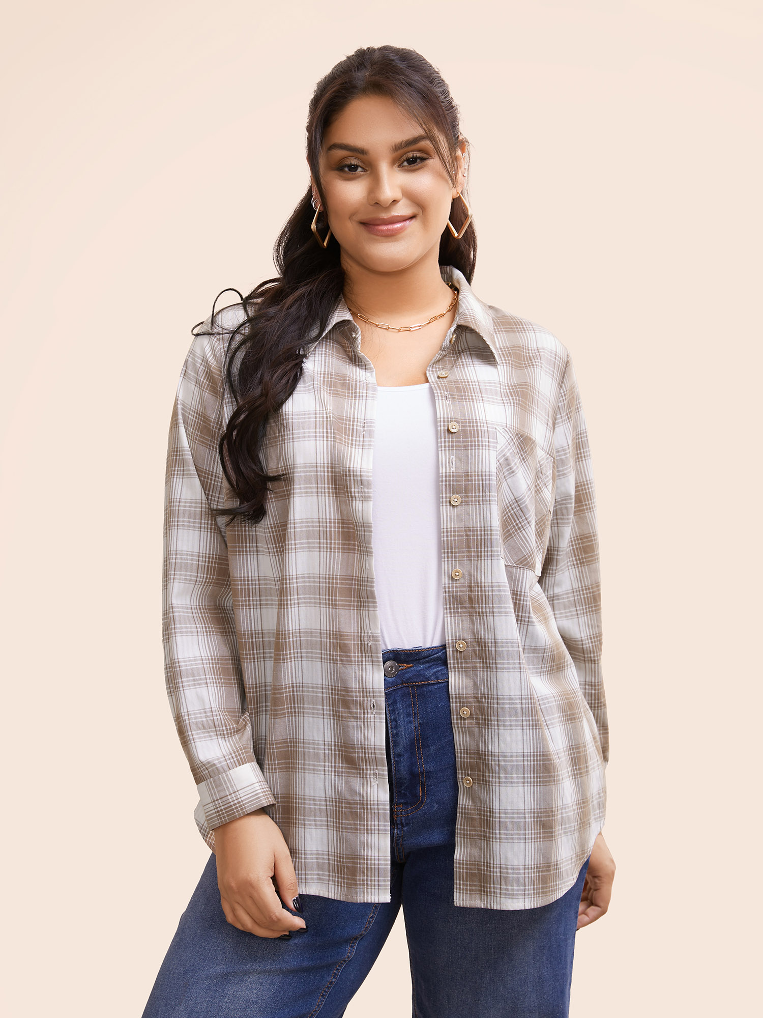 

Plus Size LightBrown Plaid Shirt Collar Patch Pocket Blouse Women Elegant Long Sleeve Shirt collar Everyday Blouses BloomChic