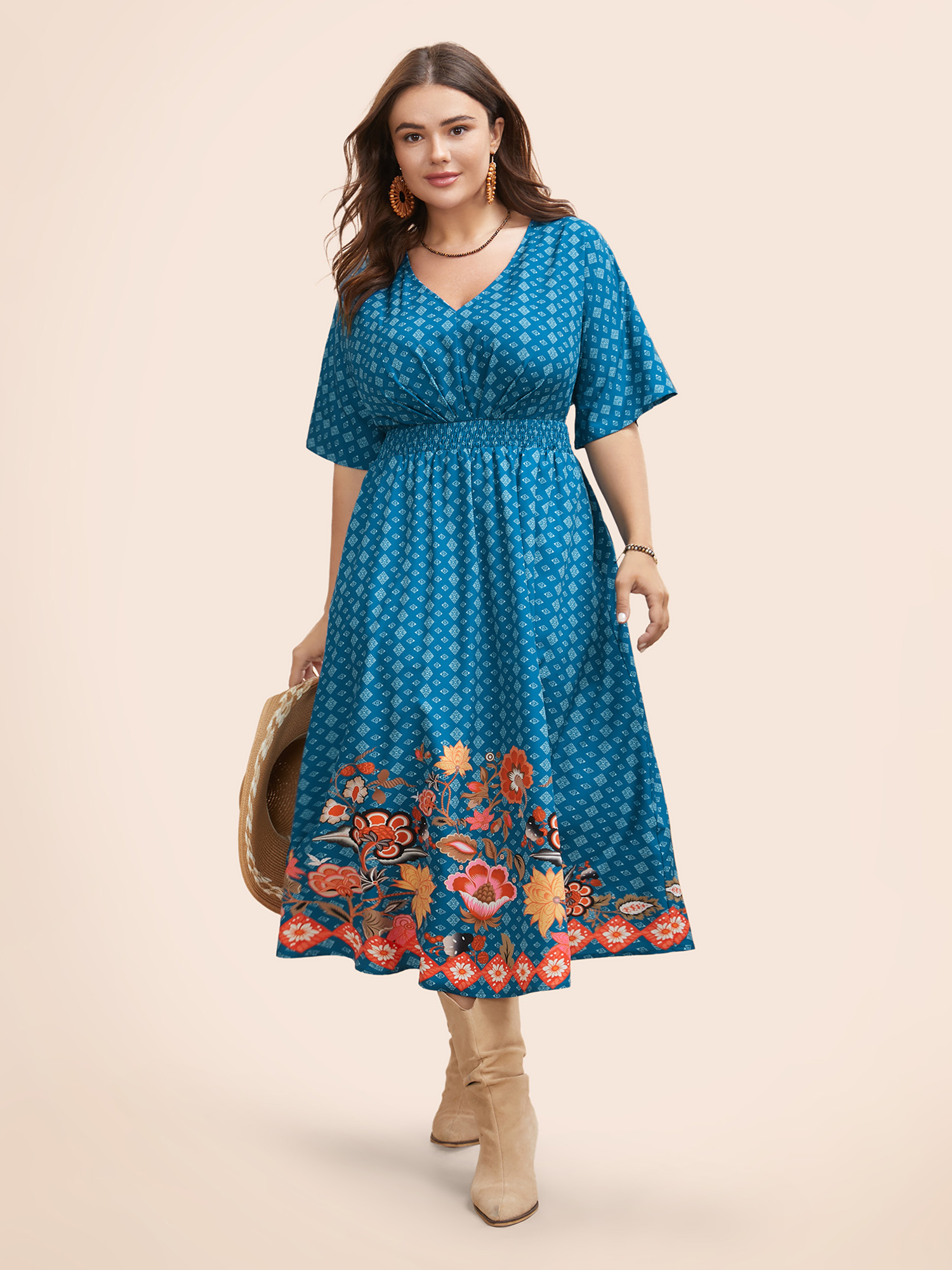 

Plus Size Boho Print Shirred Pleated Dolman Sleeve Dress Aegean Women Resort Pleated V-neck Half Sleeve Curvy BloomChic