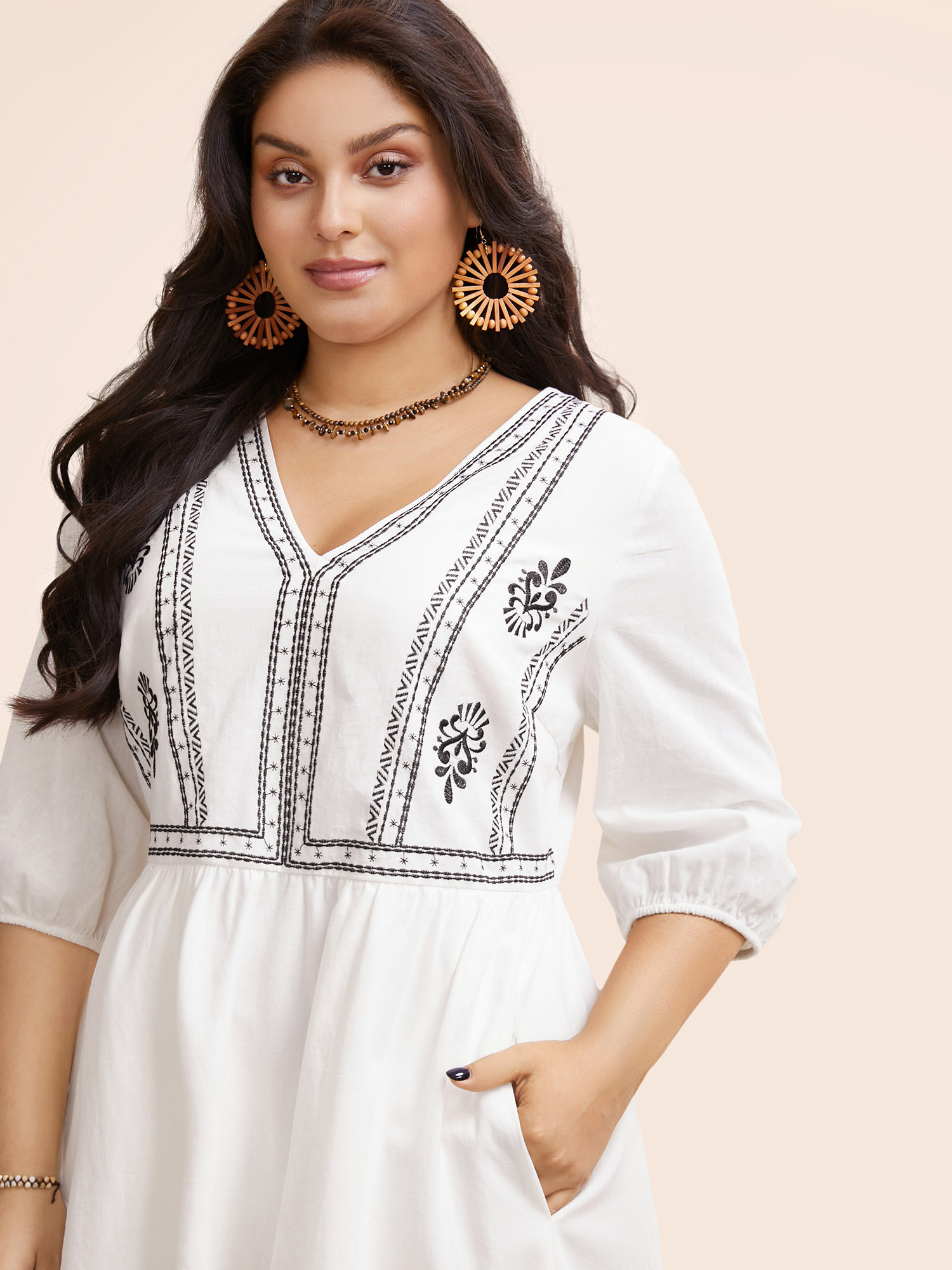 

Plus Size Boho Embroidered Elastic Waist Lantern Sleeve Dress Beige Women Resort Embroidered V-neck Elbow-length sleeve Curvy BloomChic