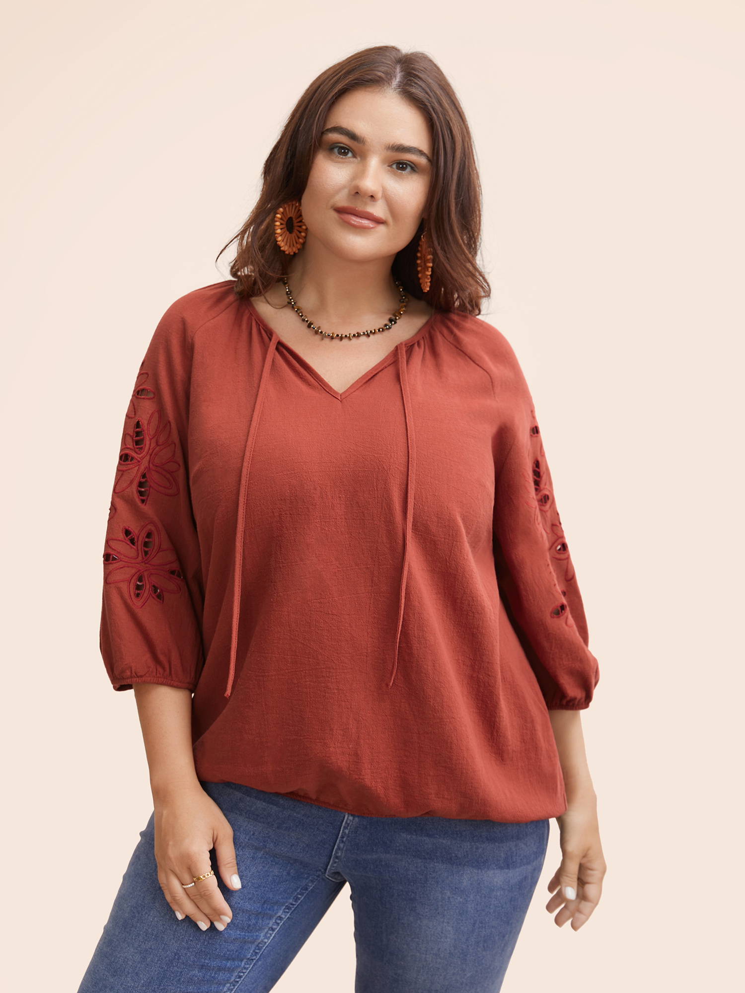 

Plus Size Rust Broderie Anglaise Gathered Tie Knot Blouse Women Resort Elbow-length sleeve Round Neck Vacation Blouses BloomChic