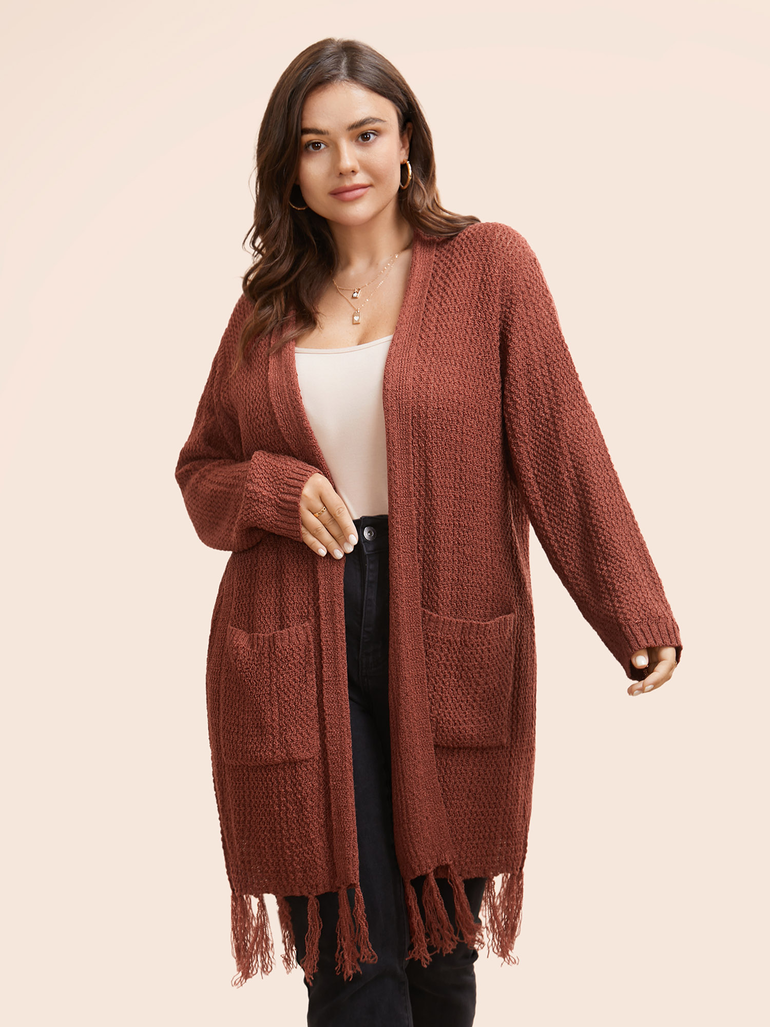 

Plus Size Solid Tassel Trim Patched Pocket Cardigan Russet Women Resort Loose Long Sleeve Vacation Cardigans BloomChic