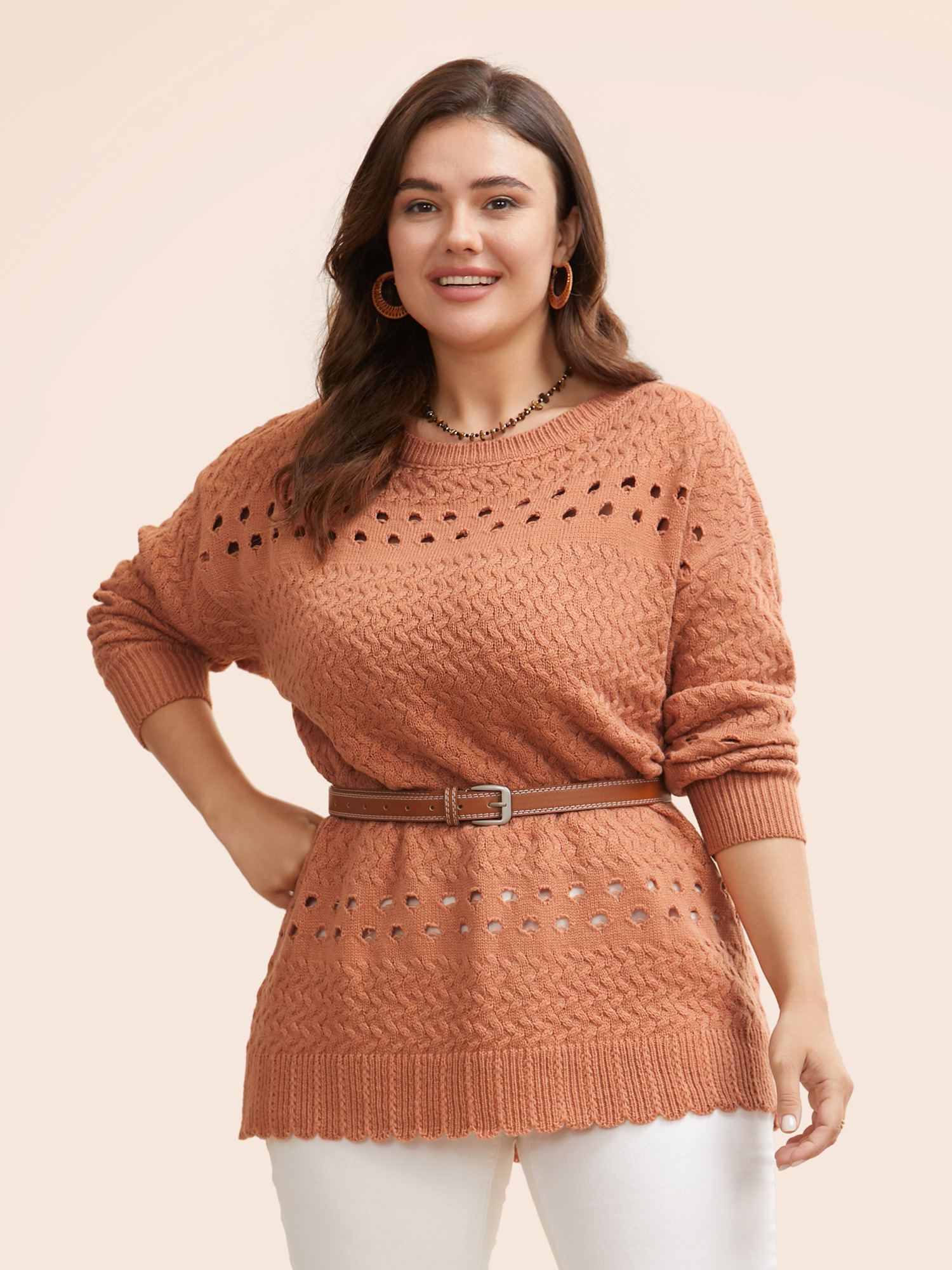 

Plus Size Solid Drop Shoulder Sleeve Cut Out Pullover Coral Women Resort Loose Long Sleeve Boat Neck Vacation Pullovers BloomChic