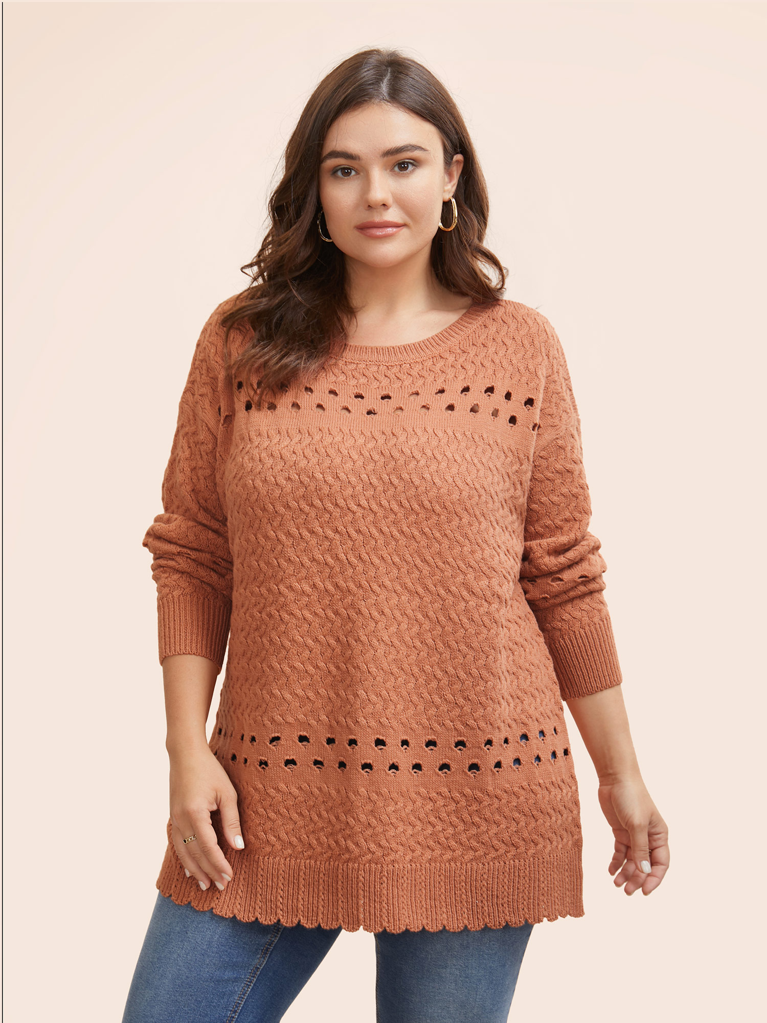 

Plus Size Solid Drop Shoulder Sleeve Cut Out Pullover Coral Women Resort Loose Long Sleeve Boat Neck Vacation Pullovers BloomChic