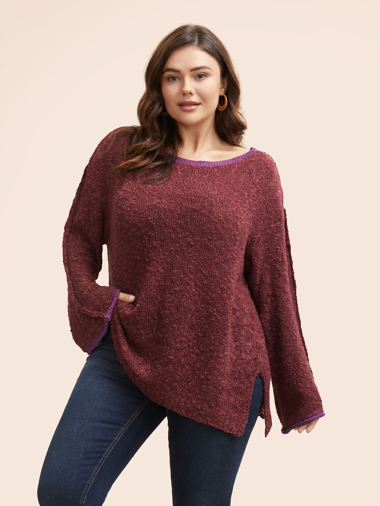 

Plus Size Contrast Trim Boat Neck Texture Pullover Russet Women Casual Loose Long Sleeve Boat Neck Everyday Pullovers BloomChic