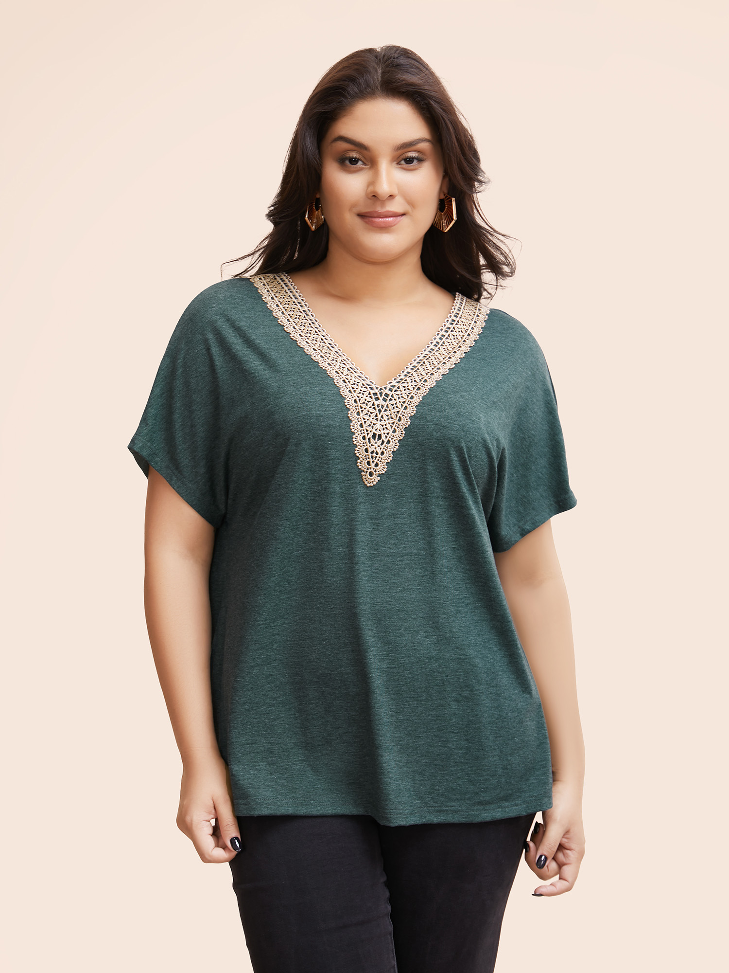 

Woven Ribbon Patchwork Dolman Sleeve T-shirt, Darkgreen